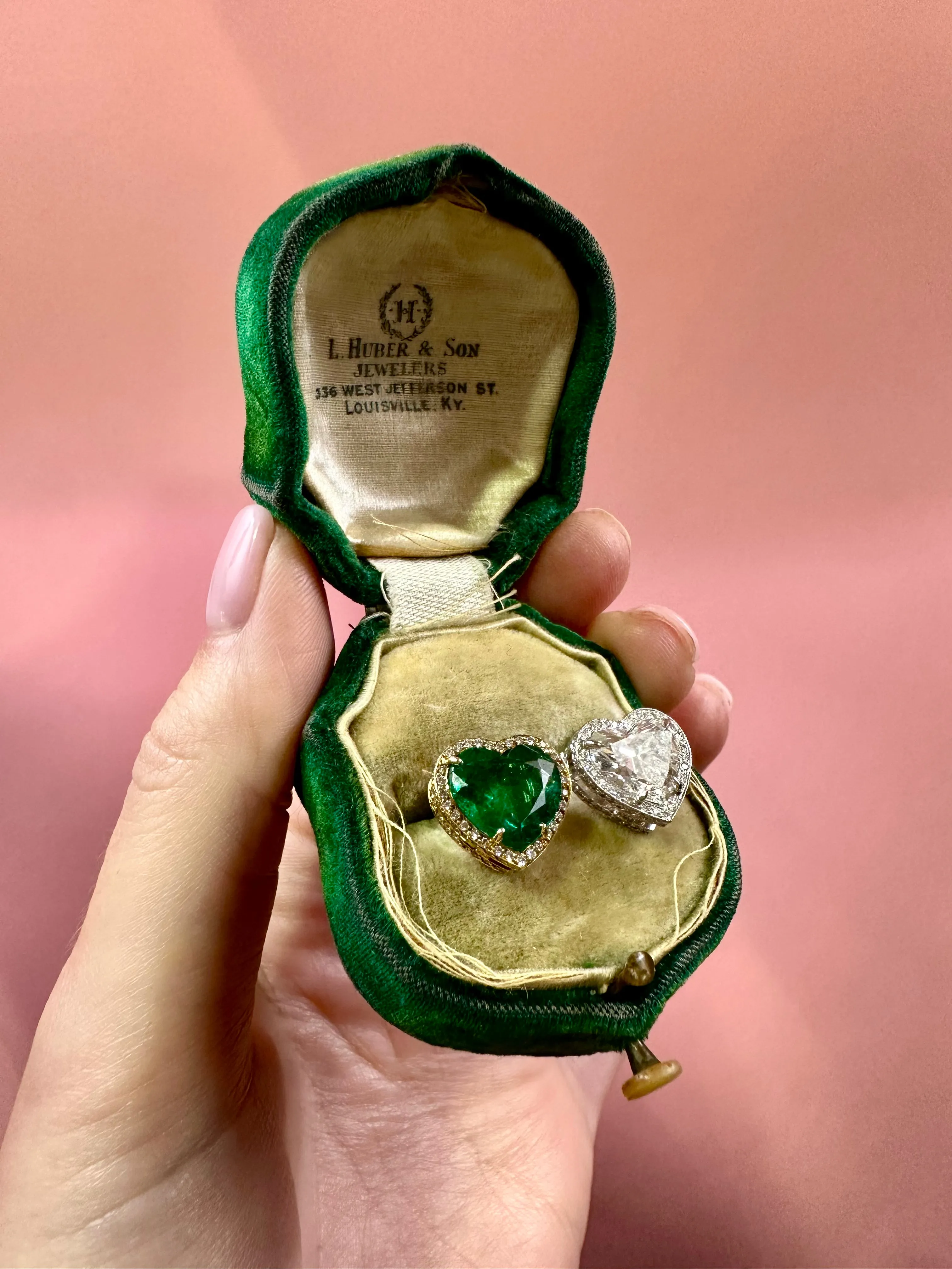 Heart Shape Diamond & Emerald Earrings, Two Tone 18k & Platinum