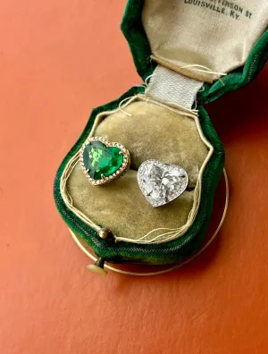 Heart Shape Diamond & Emerald Earrings, Two Tone 18k & Platinum