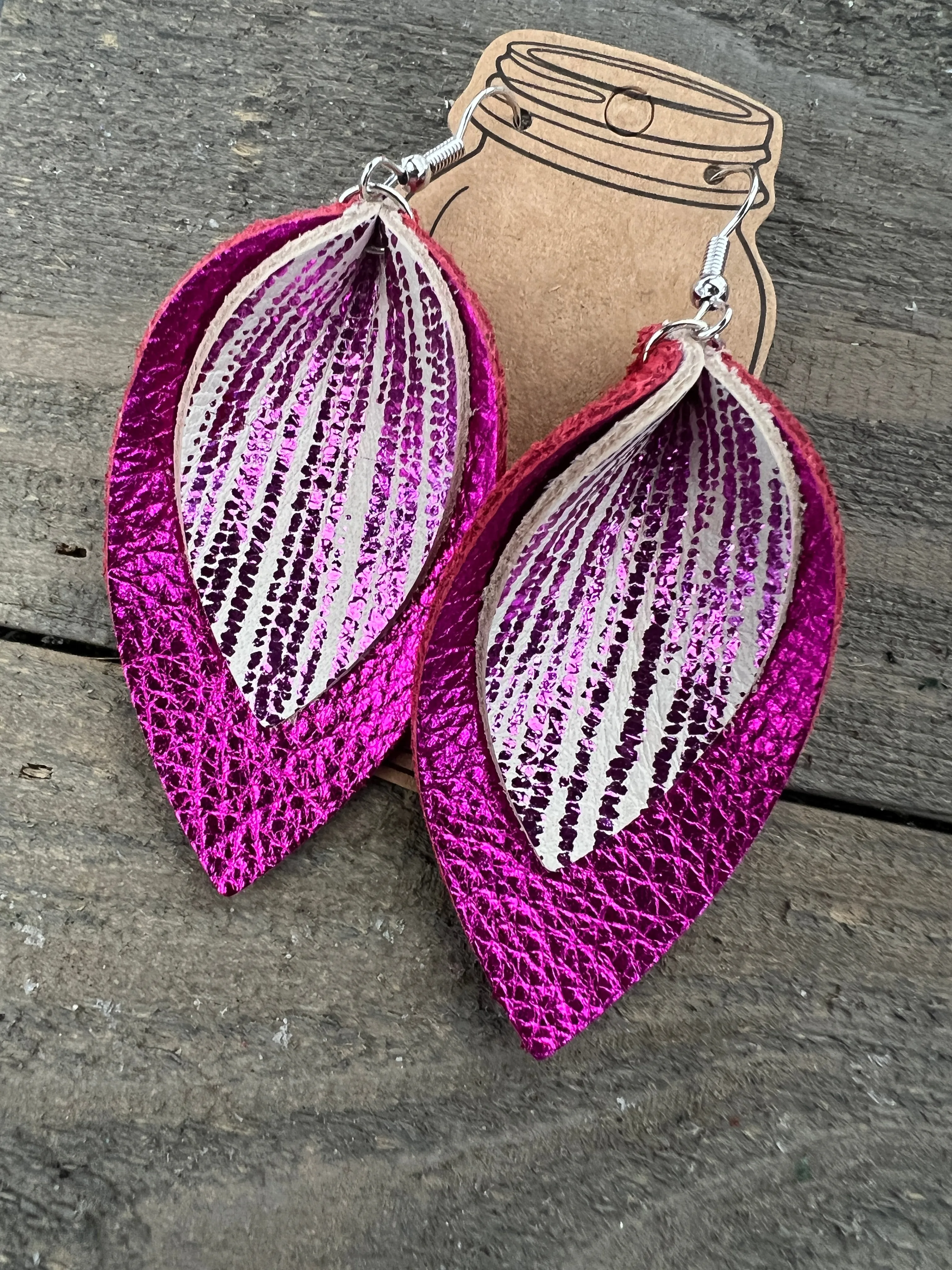 Hot Pink Rain Sparkle leather earrings