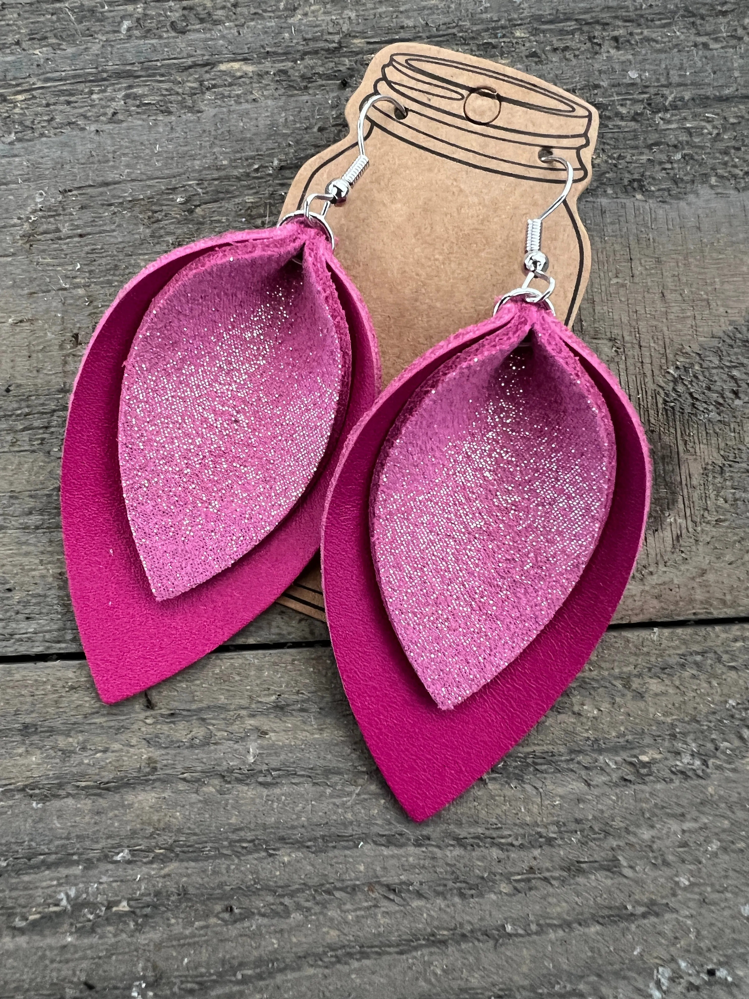 Hot Pink Sparkle leather earrings
