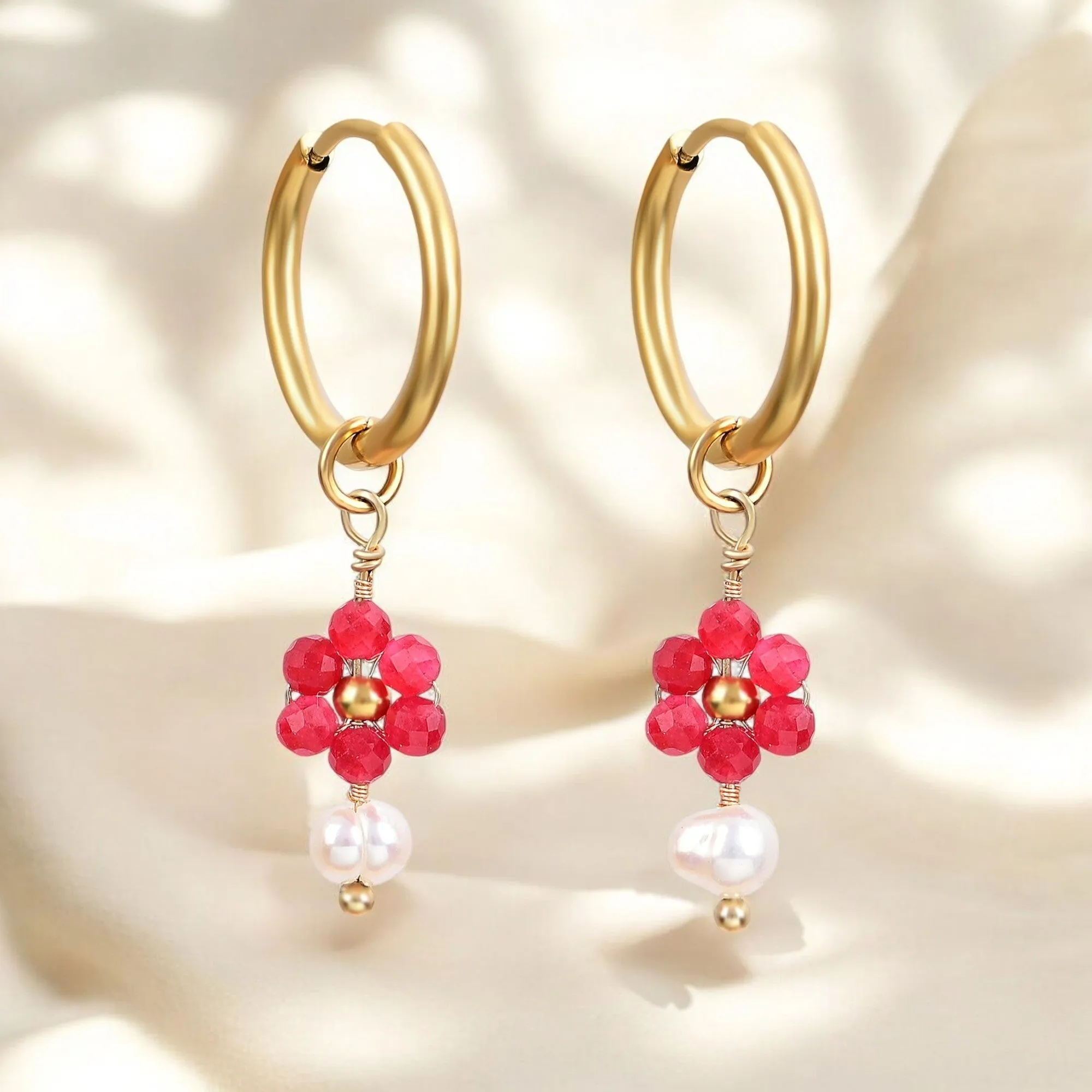 Jade Blossom Pearl Hoop Earrings