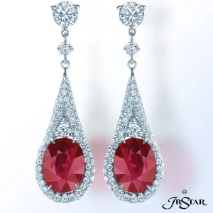 JB STAR EXQUISITELY CRAFTED PLATINUM, RUBY AND DIAMOND EARRINGS FEATURE 4.56CTW BURMA RUBY OVAL CENT