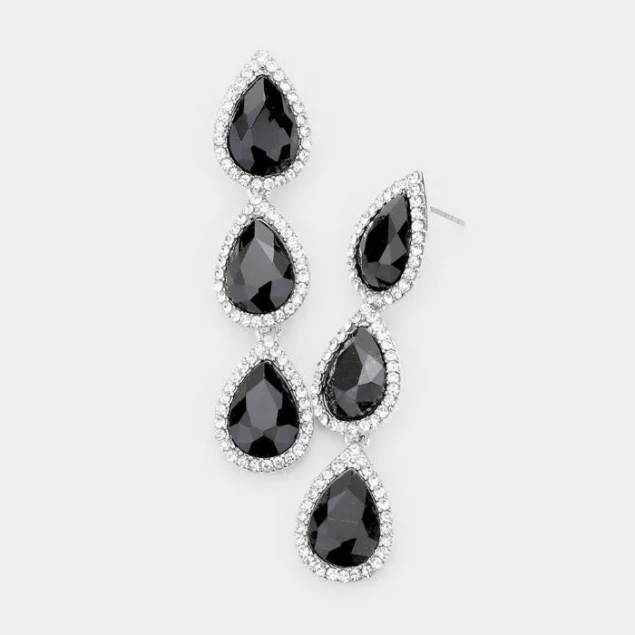 Jet Black Crystal Triple Teardrop Silver Earrings