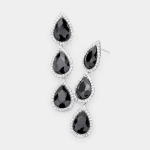 Jet Black Crystal Triple Teardrop Silver Earrings