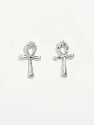 Jewelry Bubble Platinum-Plated S925 Sterling Silver Ankh Stud Earrings with Zircon Accent