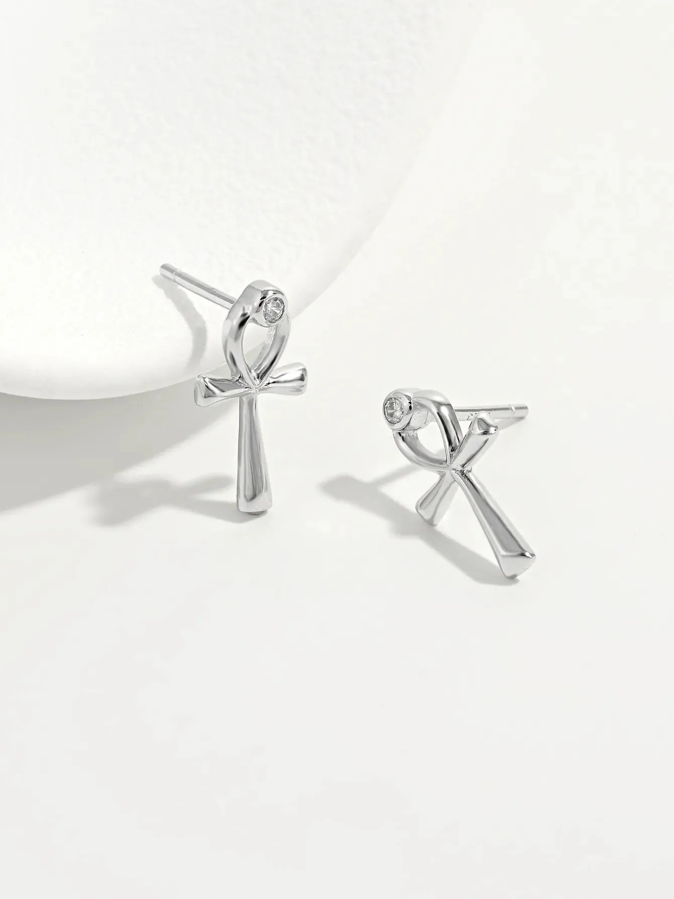 Jewelry Bubble Platinum-Plated S925 Sterling Silver Ankh Stud Earrings with Zircon Accent