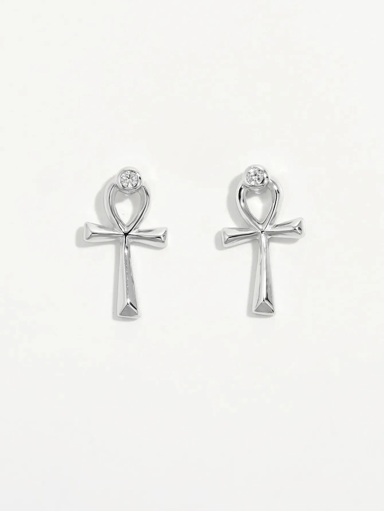 Jewelry Bubble Platinum-Plated S925 Sterling Silver Ankh Stud Earrings with Zircon Accent