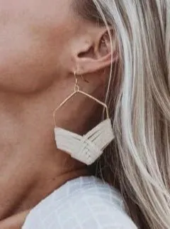 Kendra Braided Sand Leather On Gold Hexagon Earrings 2"