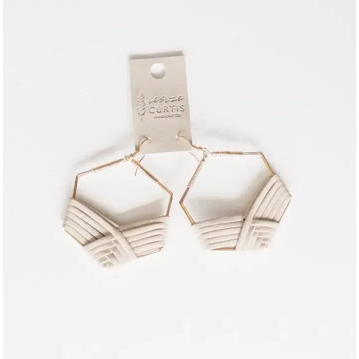 Kendra Braided Sand Leather On Gold Hexagon Earrings 2"