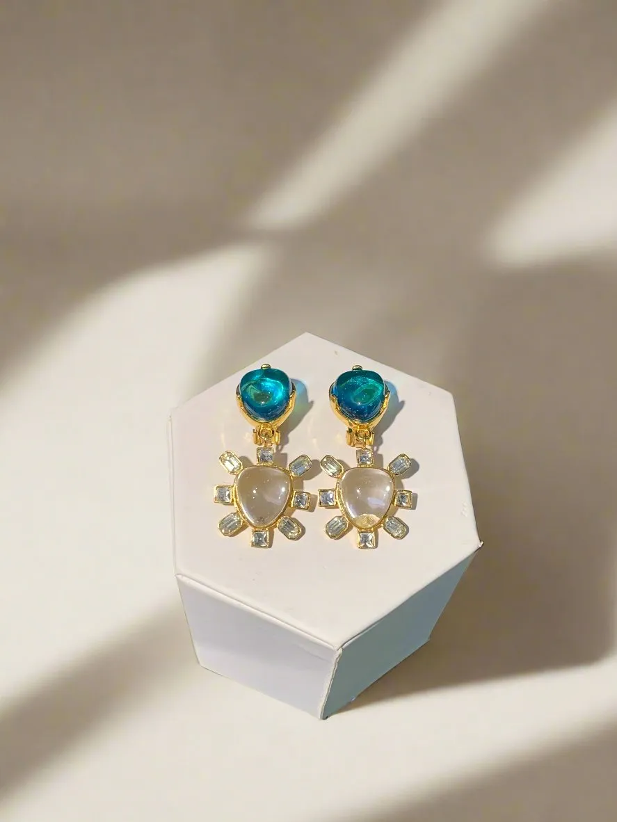 Kenneth Jay Lane Aqua and Crystal Drop Sunburst Earrings