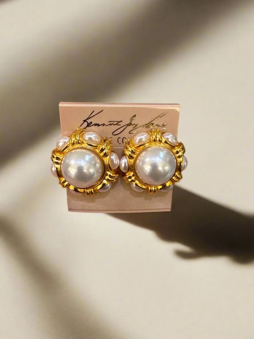 Kenneth Jay Lane Gold and Light Cultura Pearl Sides Pearl Earrings