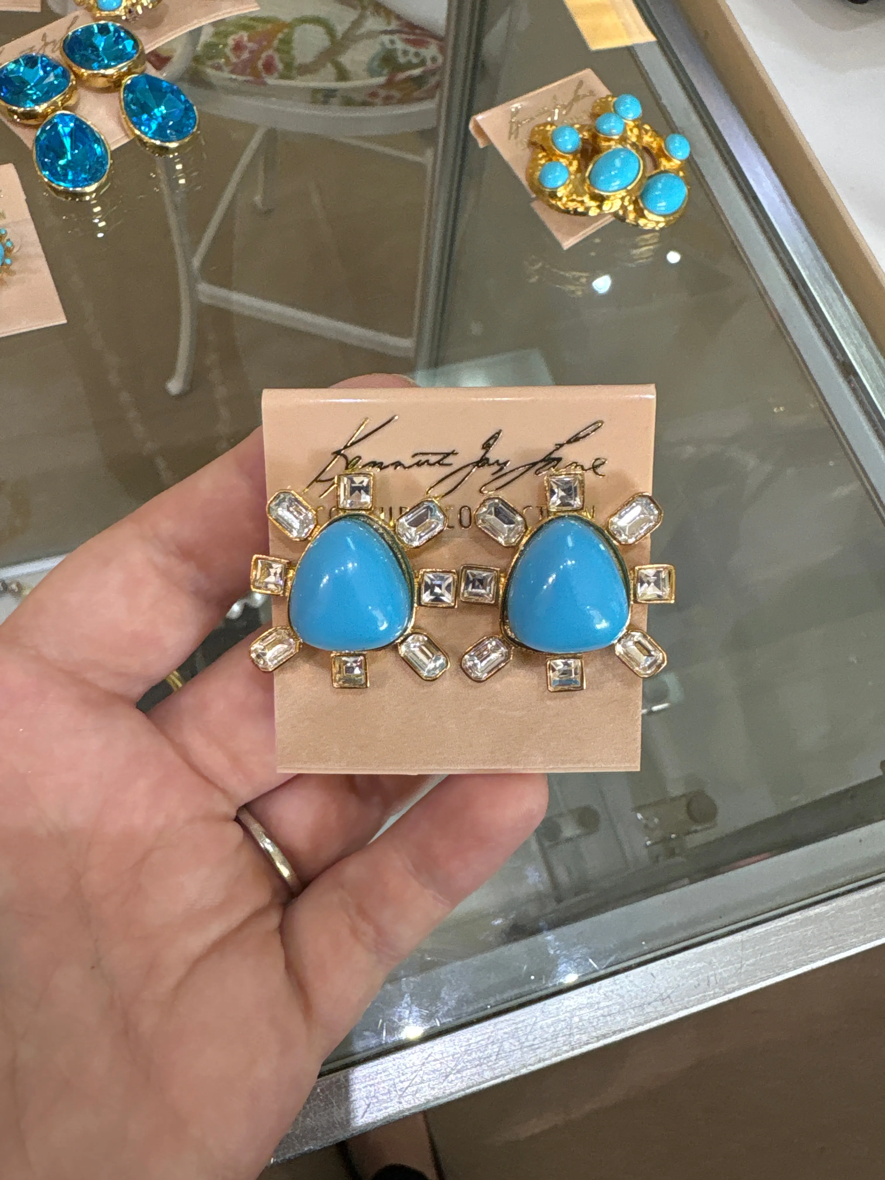 Kenneth Jay Lane Gold, Turquoise, and Crystal Cabochon Earrings
