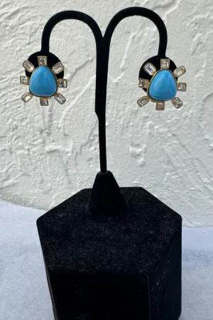 Kenneth Jay Lane Gold, Turquoise, and Crystal Cabochon Earrings