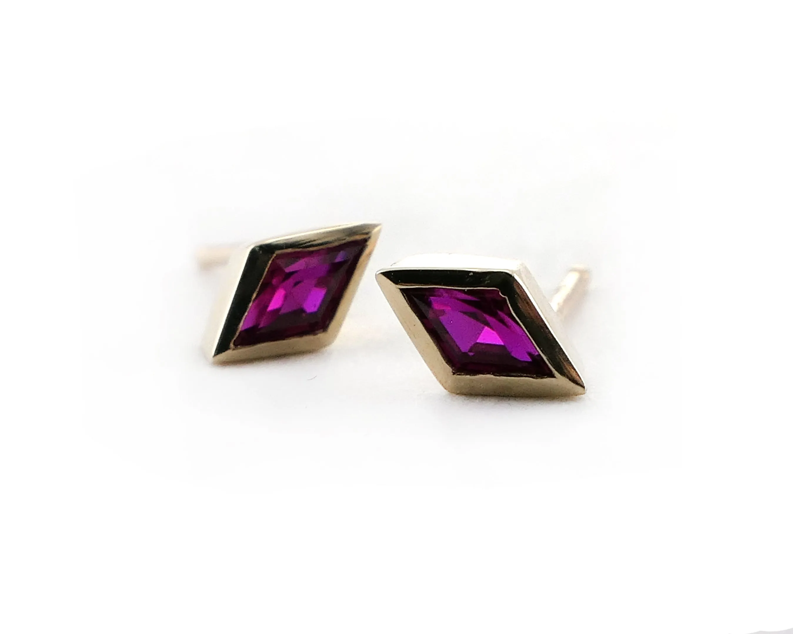 Kite Shaped Ruby Studs, 14k Yellow Gold