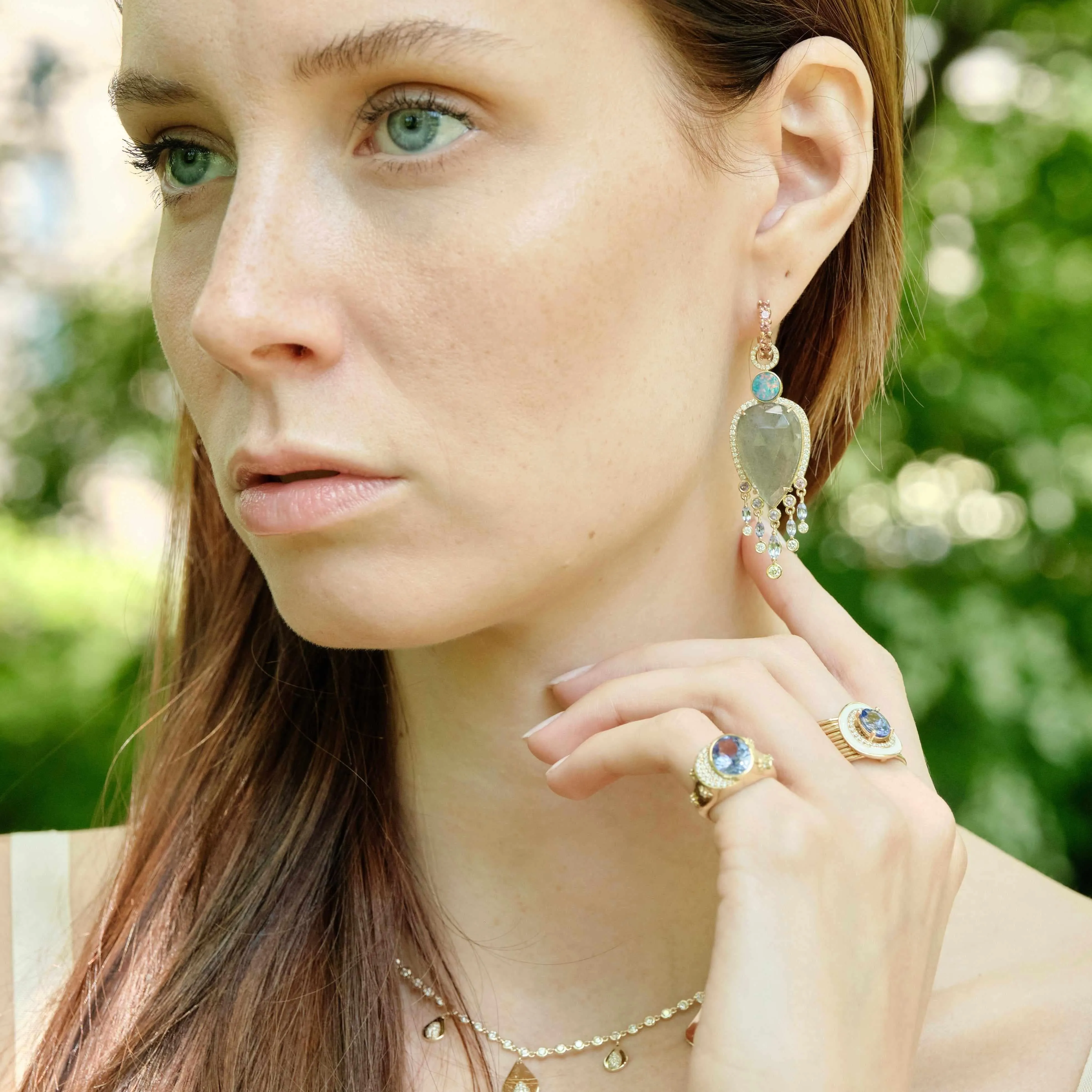 Labradorite, boulder opal, tanzanite diamond drops