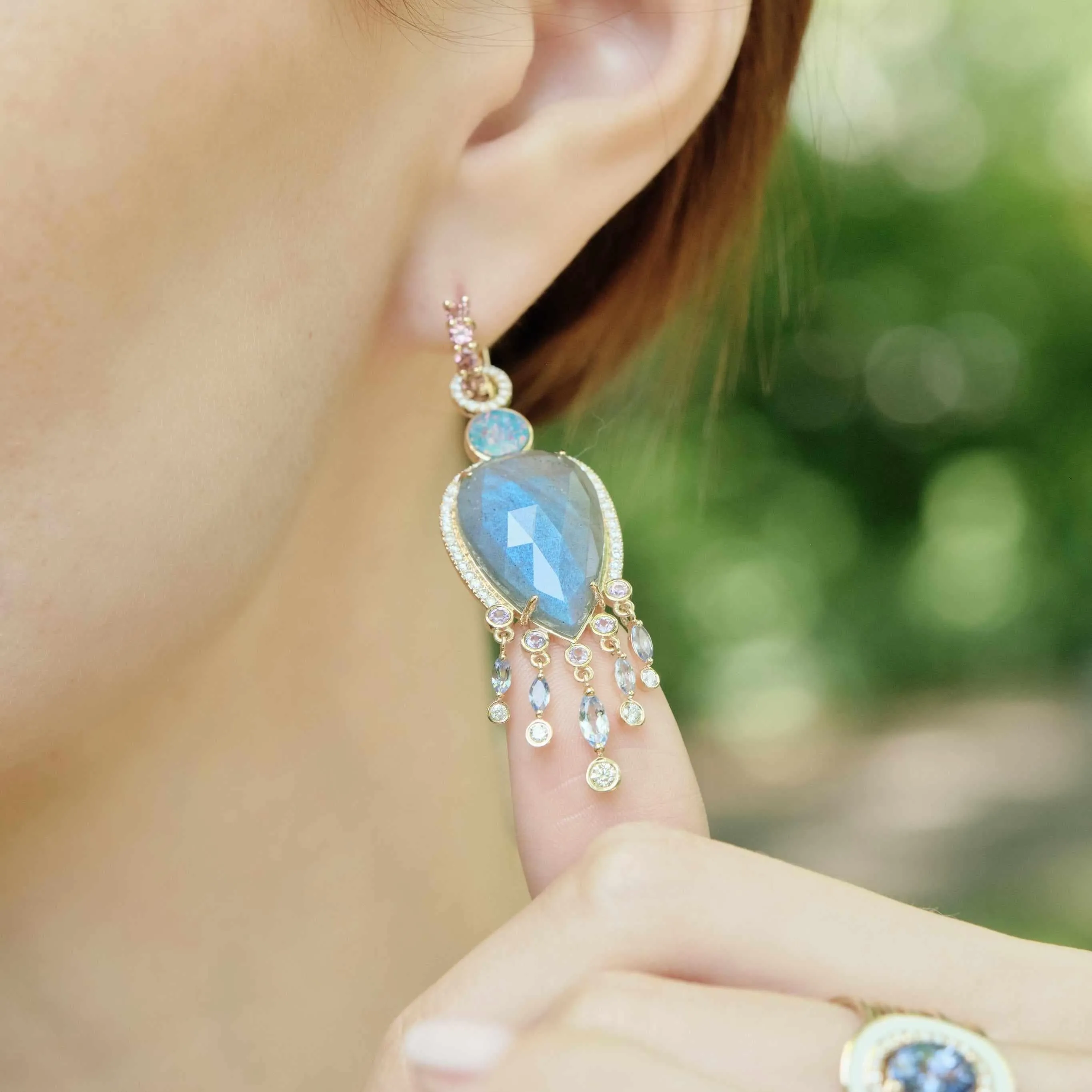 Labradorite, boulder opal, tanzanite diamond drops