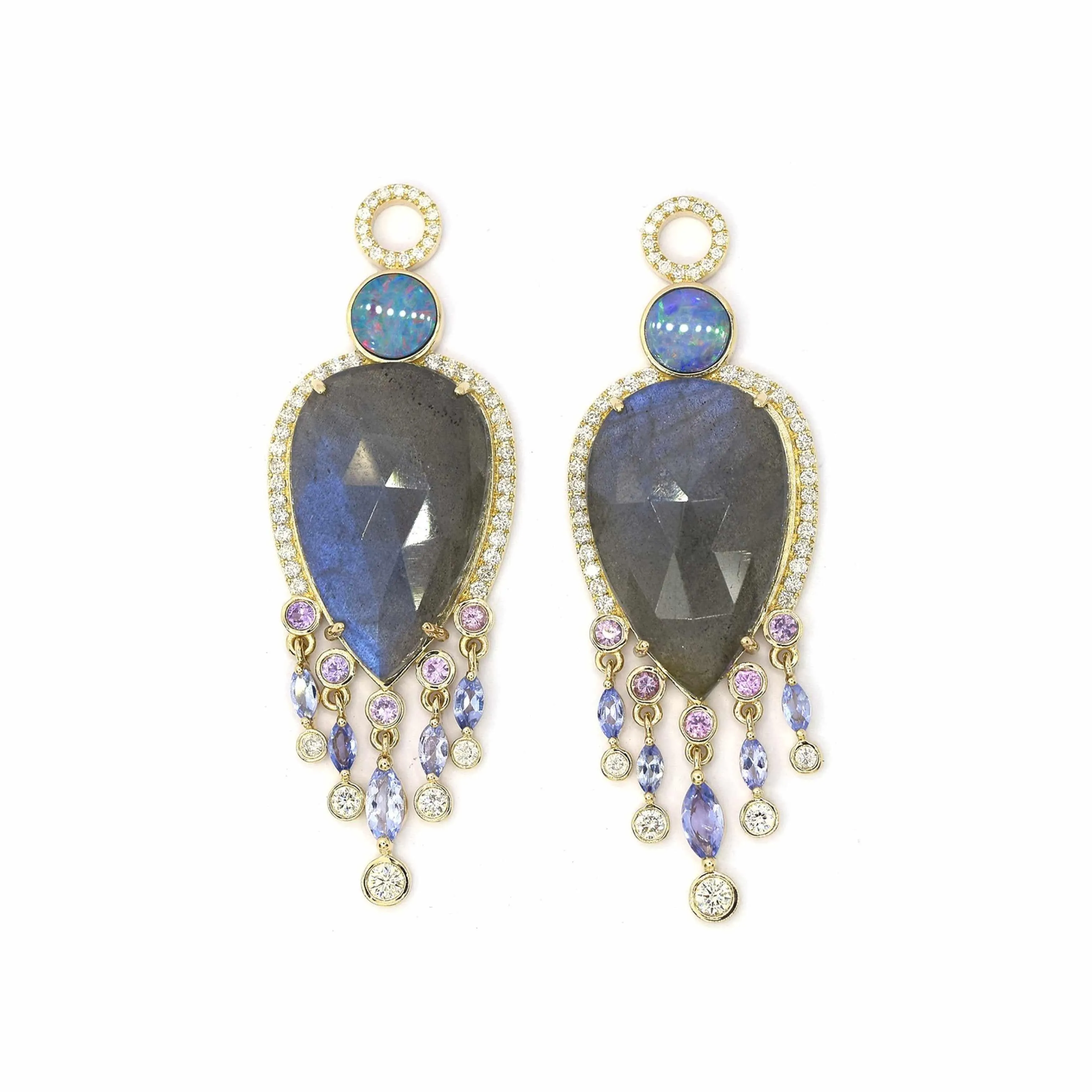 Labradorite, boulder opal, tanzanite diamond drops