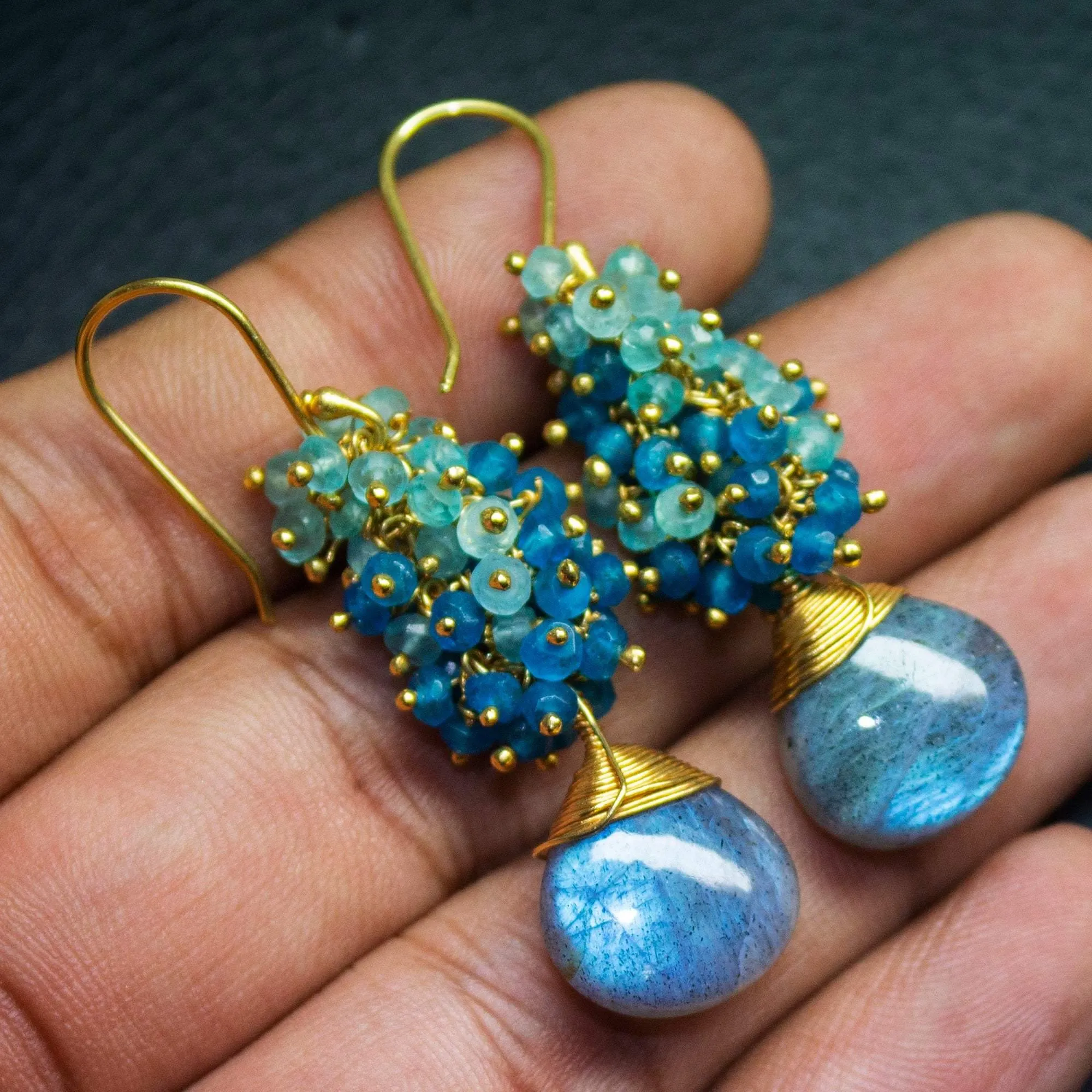 Labradorite Earrings Blue Apatite Earrings Elegant Small Cluster Earrings Apatite Earrings Blue Gemstone Gold Vermeil Earrings