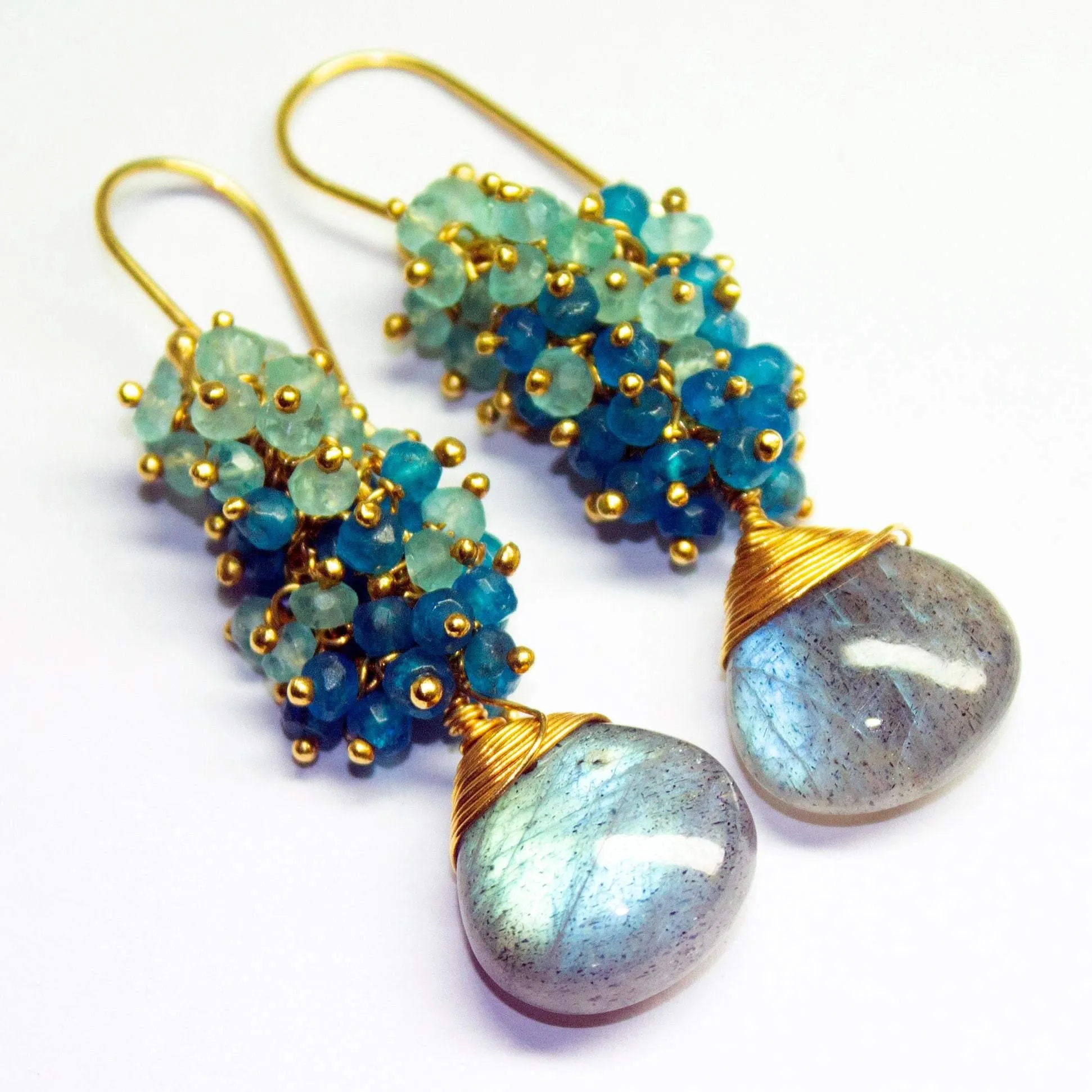 Labradorite Earrings Blue Apatite Earrings Elegant Small Cluster Earrings Apatite Earrings Blue Gemstone Gold Vermeil Earrings