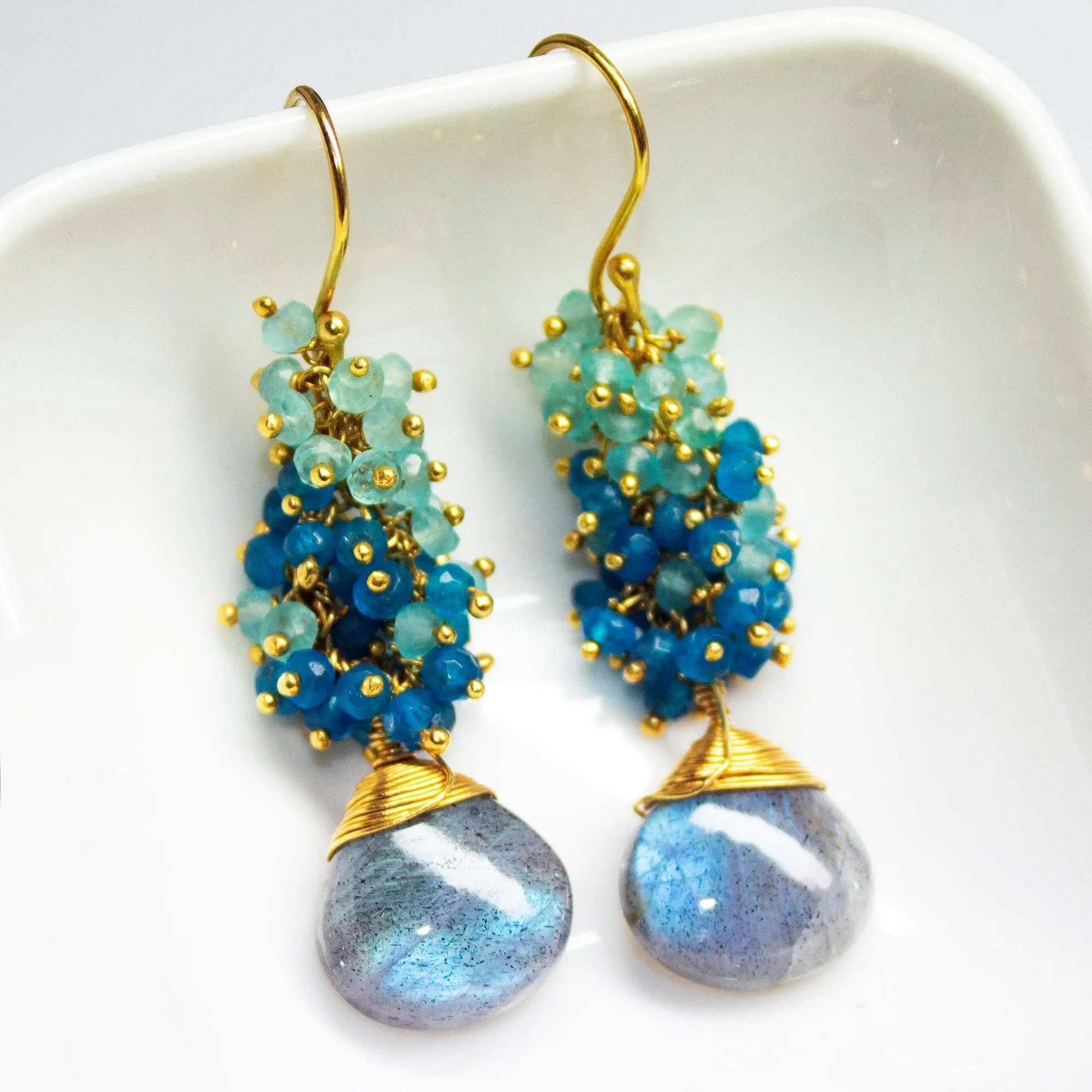 Labradorite Earrings Blue Apatite Earrings Elegant Small Cluster Earrings Apatite Earrings Blue Gemstone Gold Vermeil Earrings