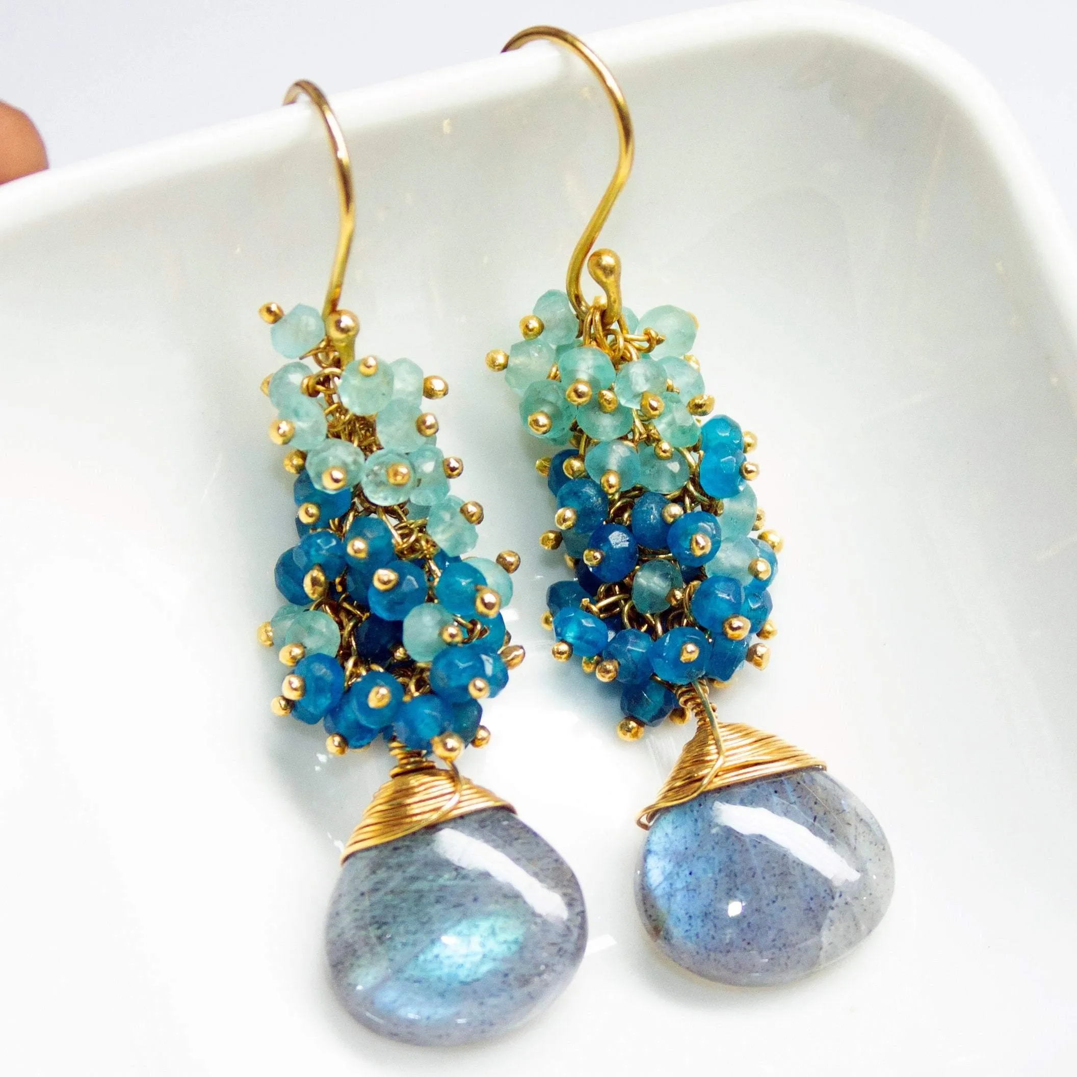 Labradorite Earrings Blue Apatite Earrings Elegant Small Cluster Earrings Apatite Earrings Blue Gemstone Gold Vermeil Earrings