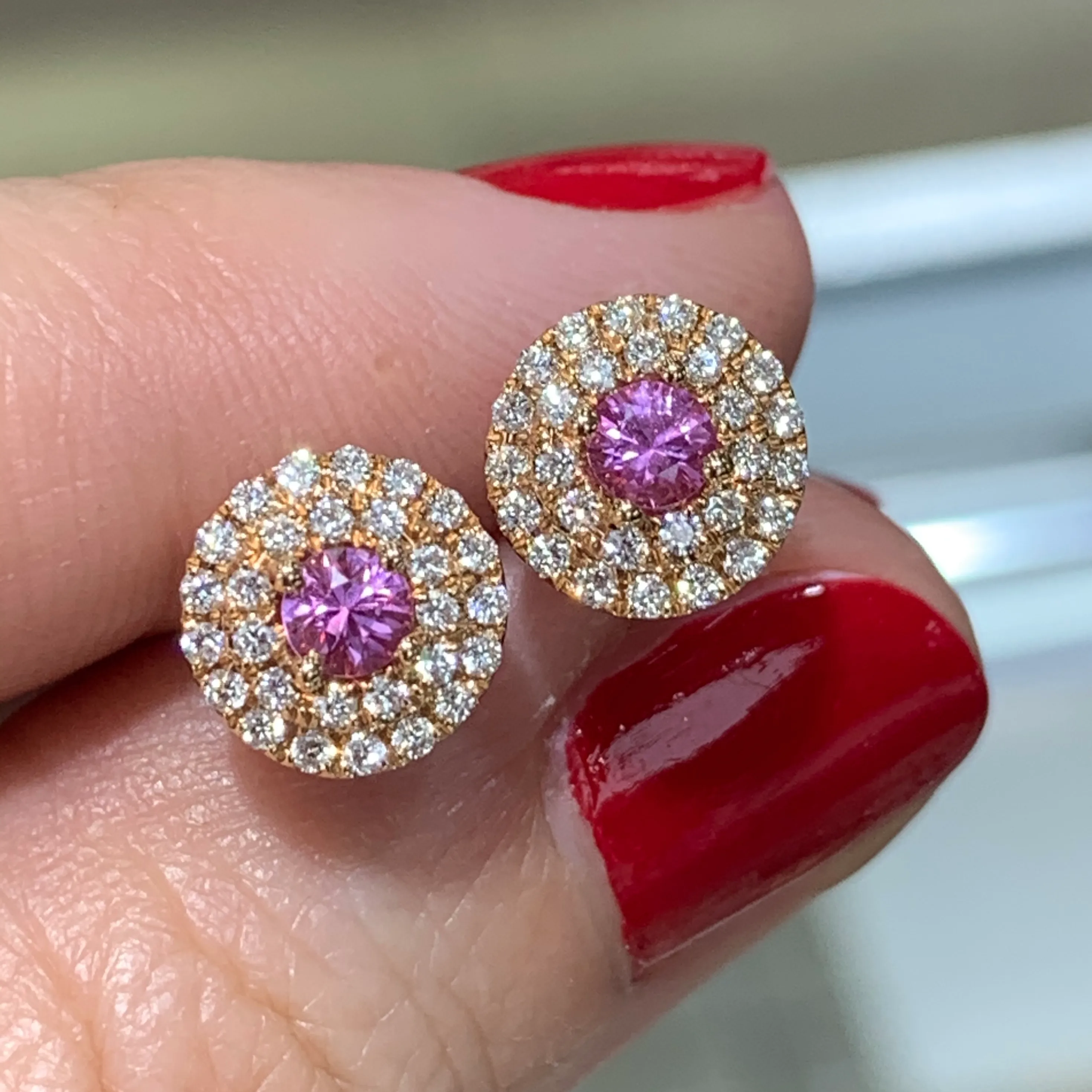 Ladies Diamond and Pink Sapphire Stud Earrings