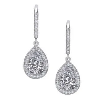 Lafonn Sterling Silver Platinum Plated Simulated Diamonds Teardrop Halo Dangle Earrings