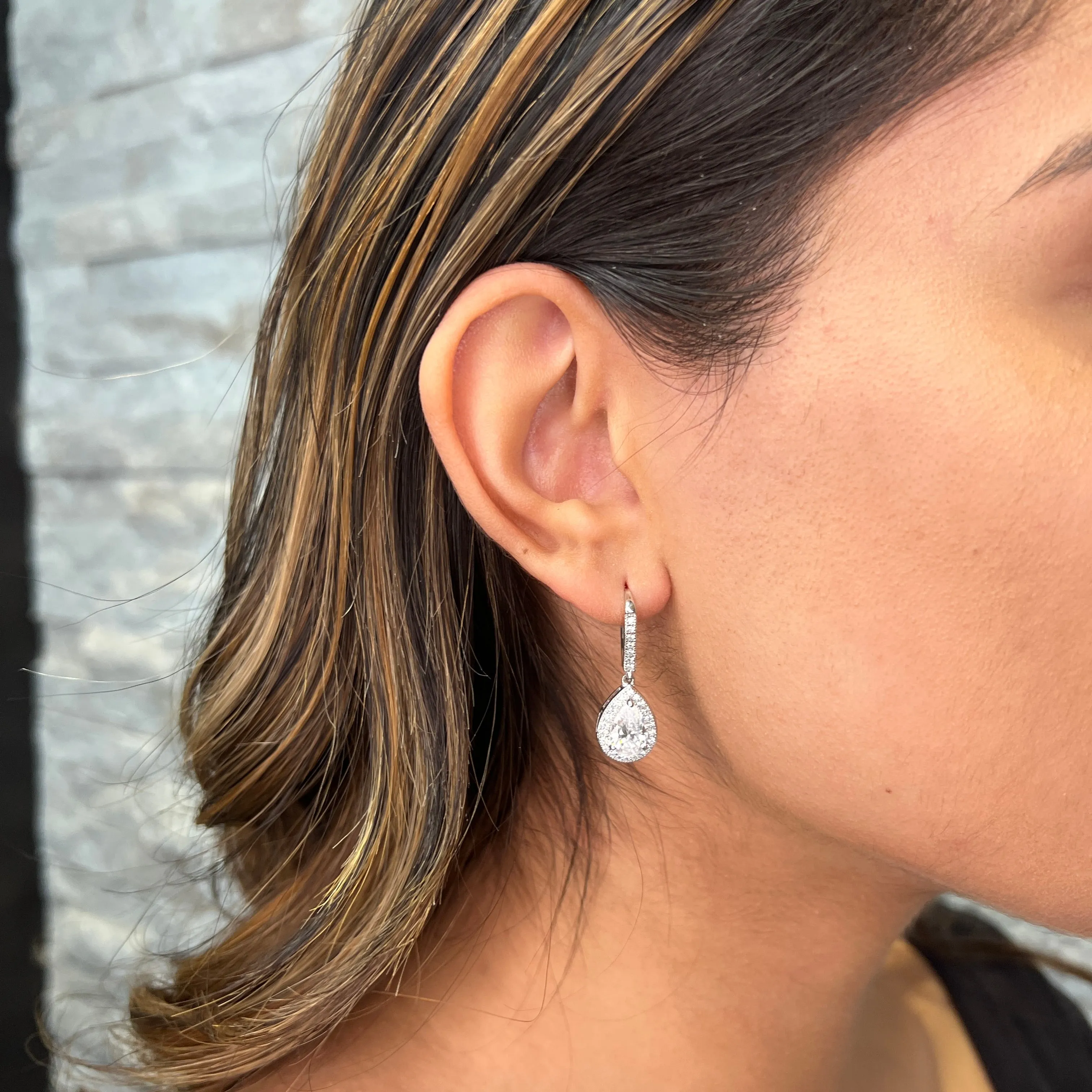 Lafonn Sterling Silver Platinum Plated Simulated Diamonds Teardrop Halo Dangle Earrings
