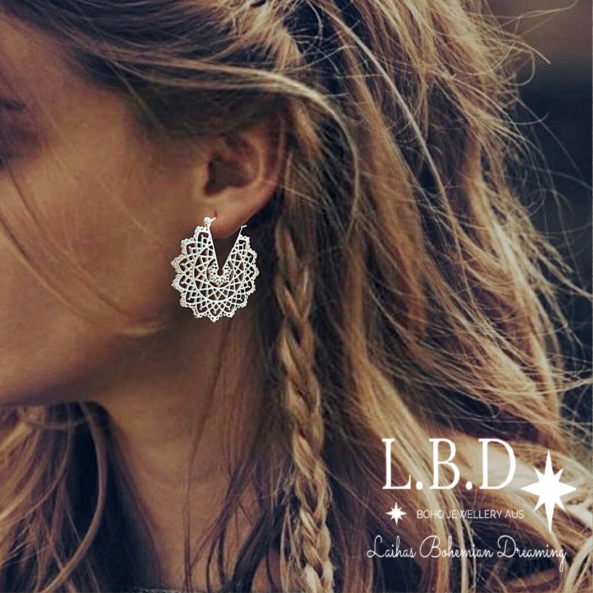 Laihas Prestige Bohemian Lace Mandala Hoop Earrings 38mm
