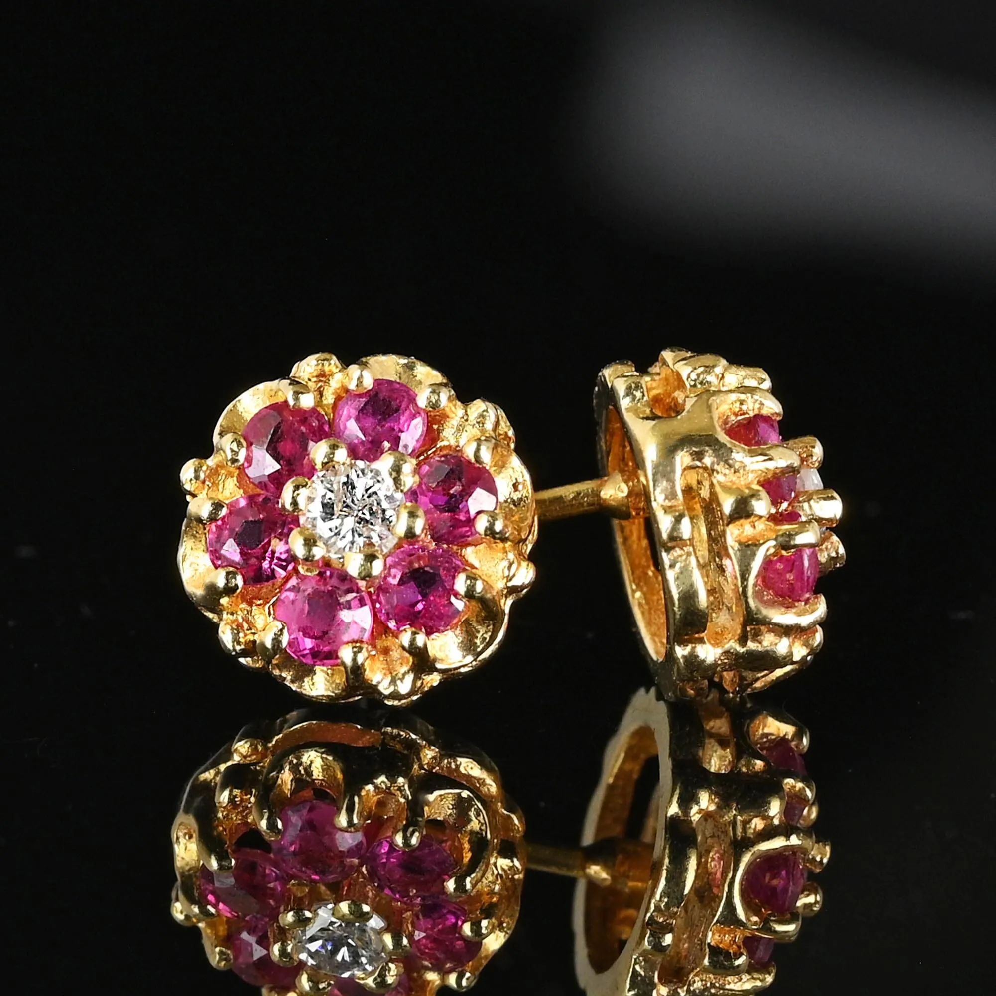Large .30 Carat Diamond Ruby Cluster Stud Earrings in 14K Gold