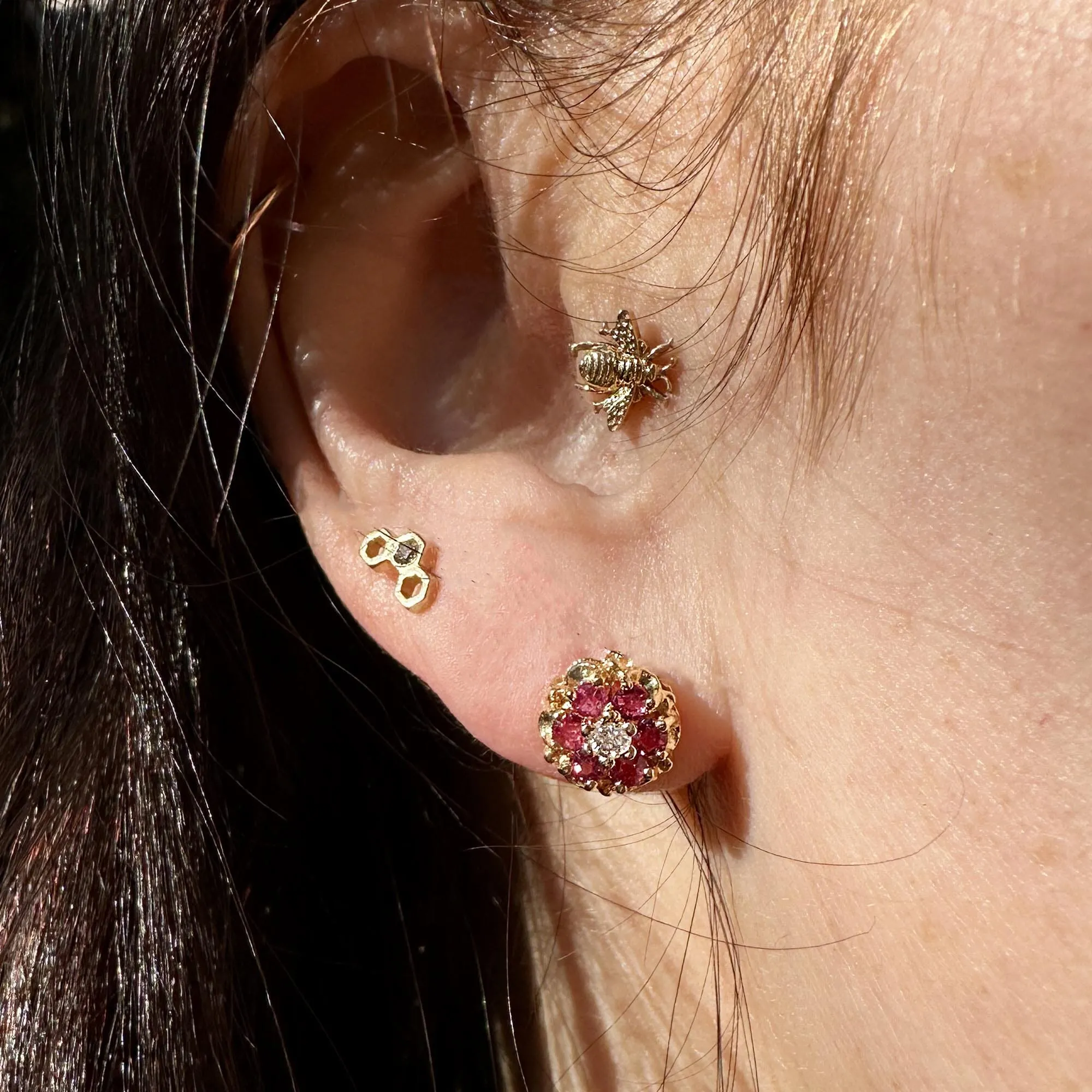 Large .30 Carat Diamond Ruby Cluster Stud Earrings in 14K Gold