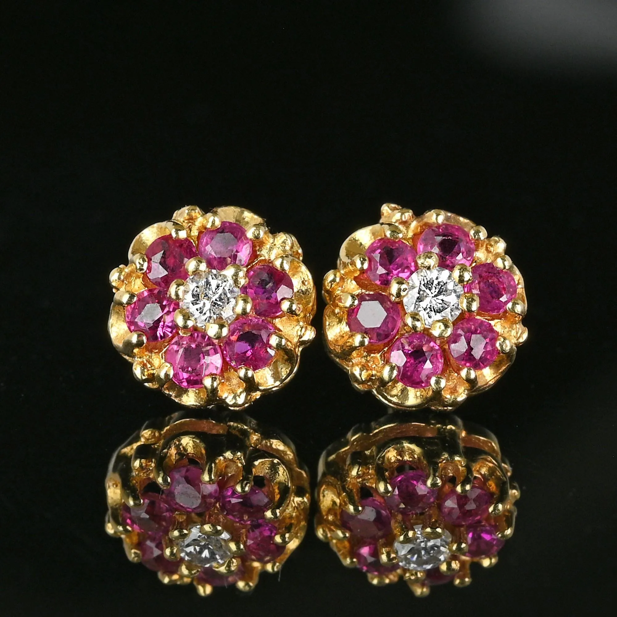 Large .30 Carat Diamond Ruby Cluster Stud Earrings in 14K Gold