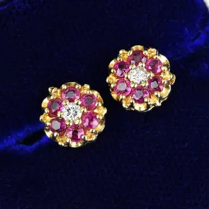 Large .30 Carat Diamond Ruby Cluster Stud Earrings in 14K Gold