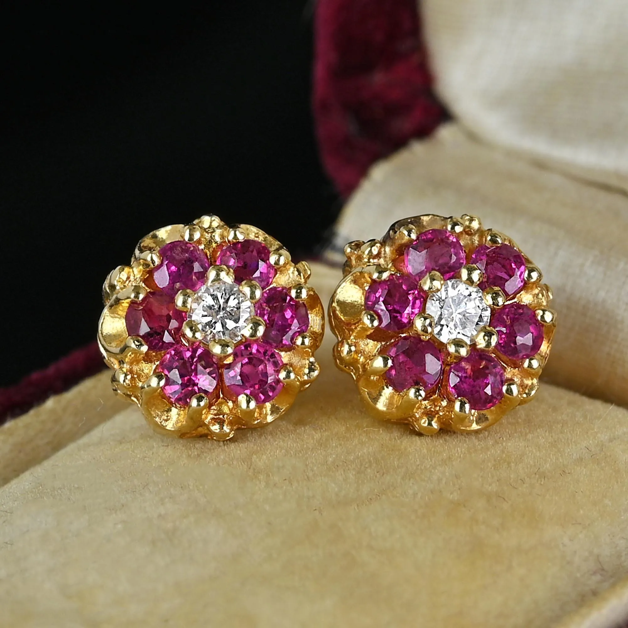 Large .30 Carat Diamond Ruby Cluster Stud Earrings in 14K Gold