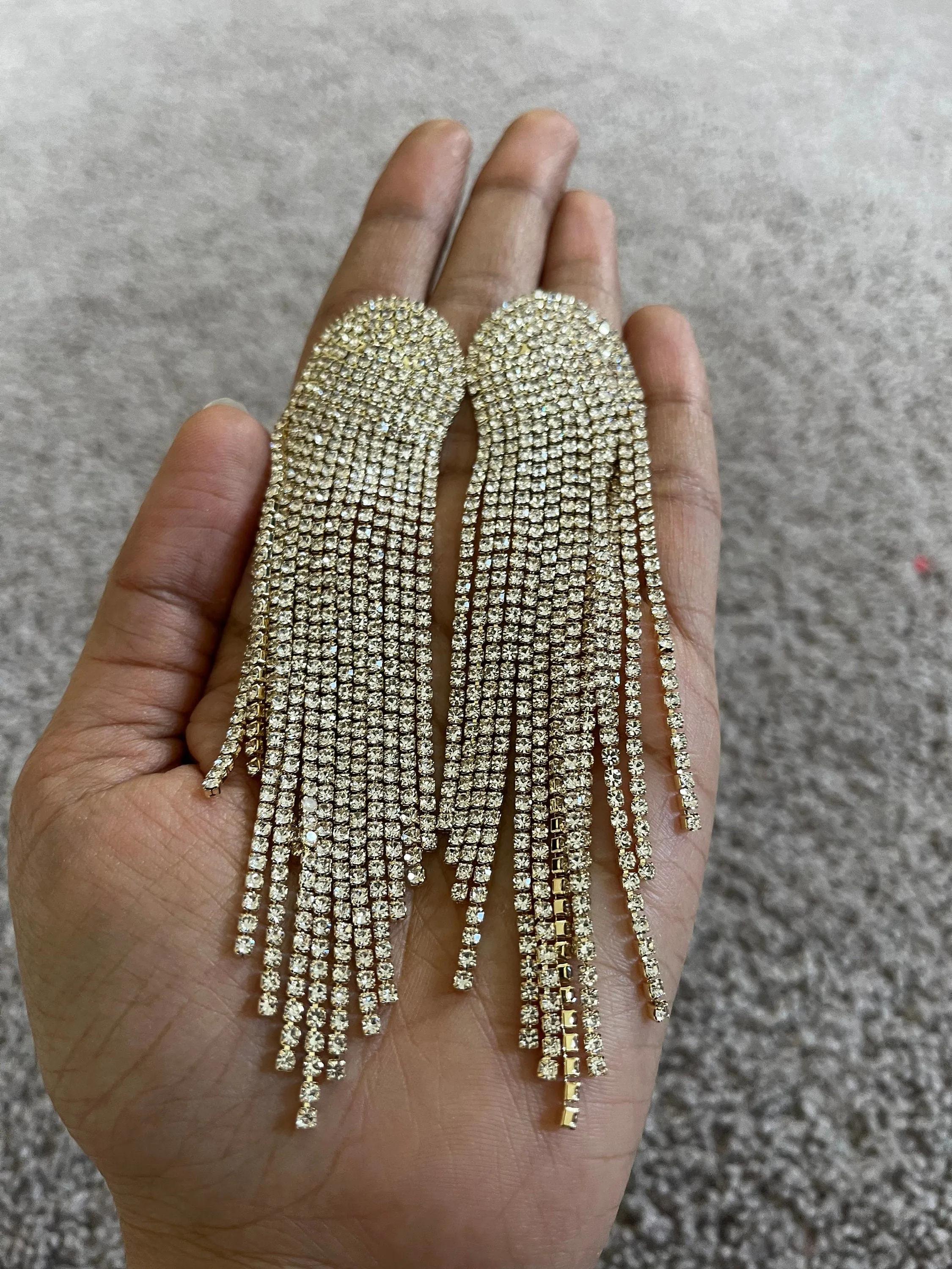 Large clear earrings , fringe clear earrings , gold tone earrings , bridal earrings big , oversized crystal earrings