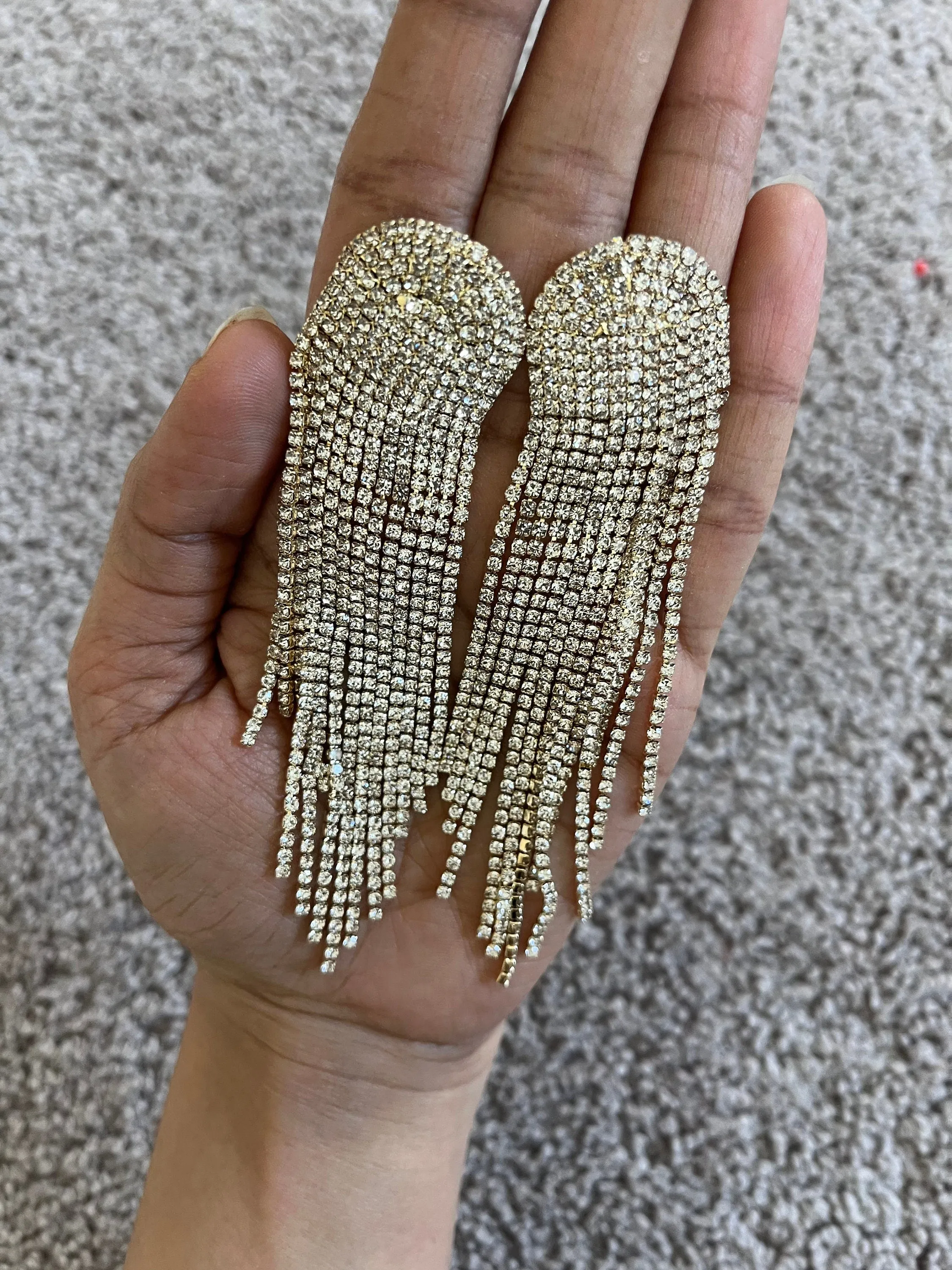 Large clear earrings , fringe clear earrings , gold tone earrings , bridal earrings big , oversized crystal earrings