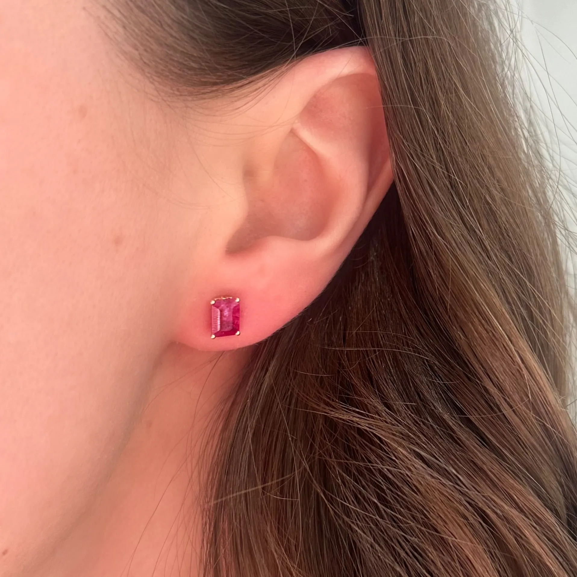 Large Emerald Cut Ruby Sprinkle Stud Earrings