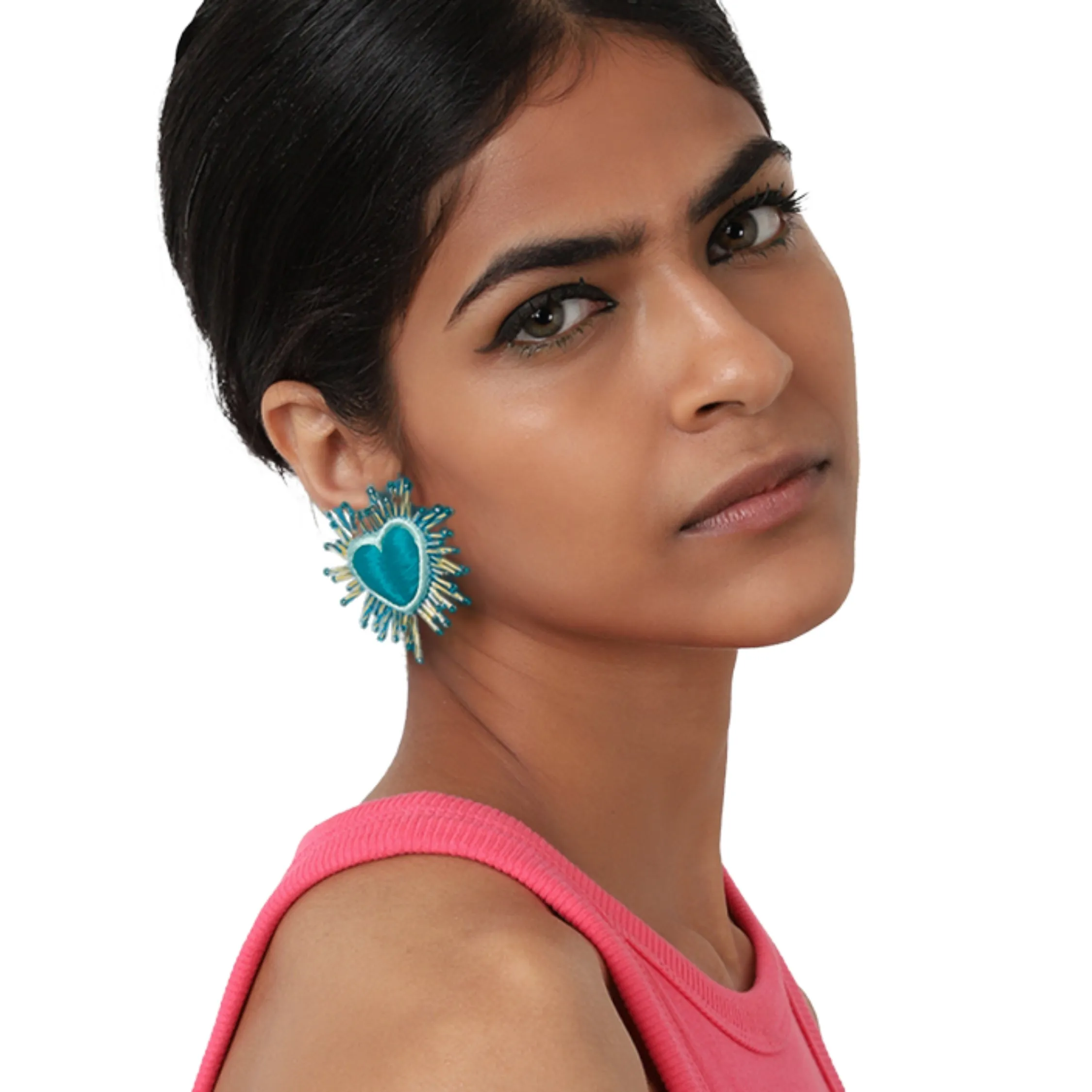 LARGE SILK SPARKLE HEART EARRINGS - TEAL