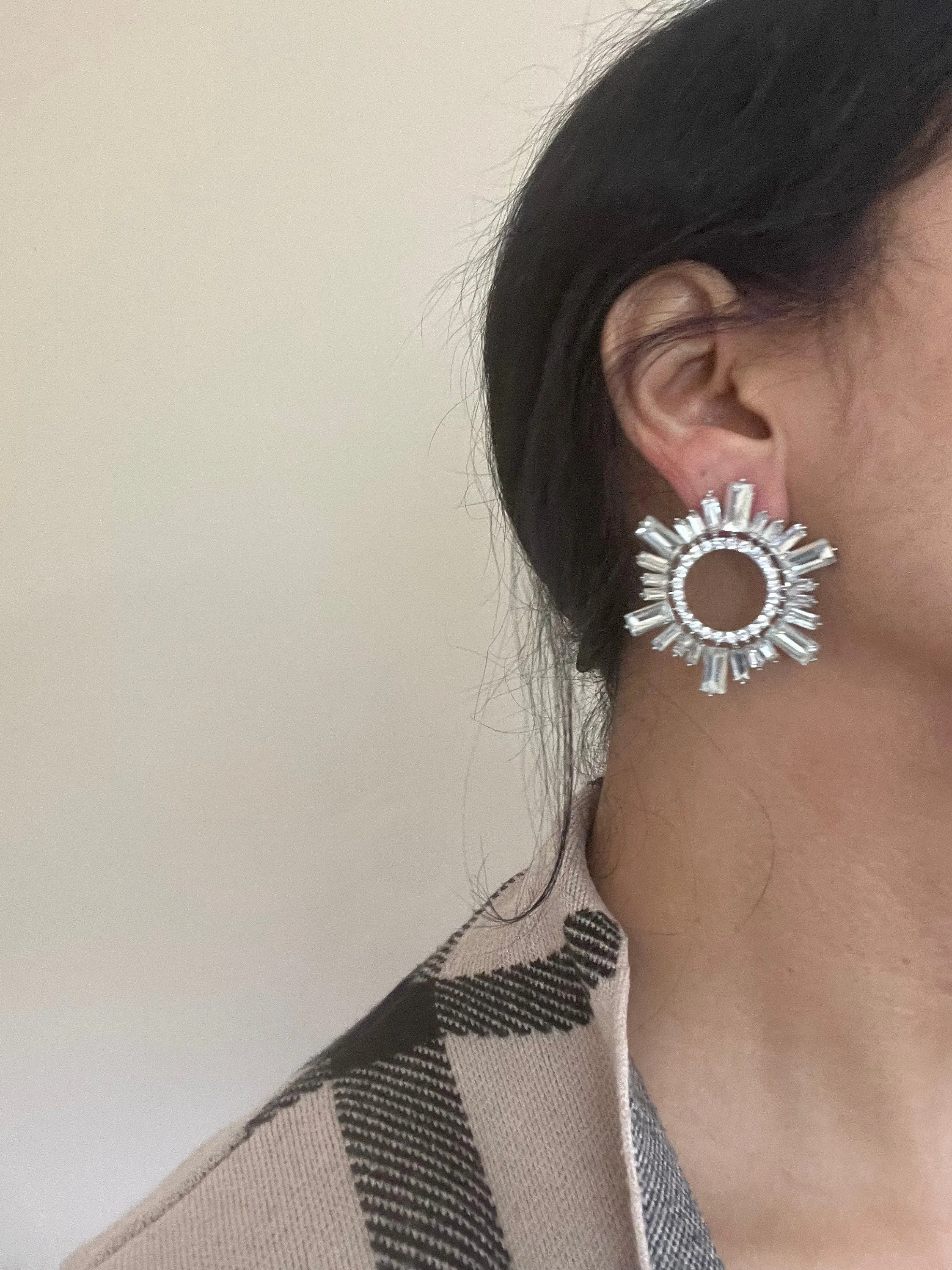 Large White earrings stud Sunburst crystal Rhinestone Round Crystal Pageant Clear silver white stud Earrings 1.75 inch big