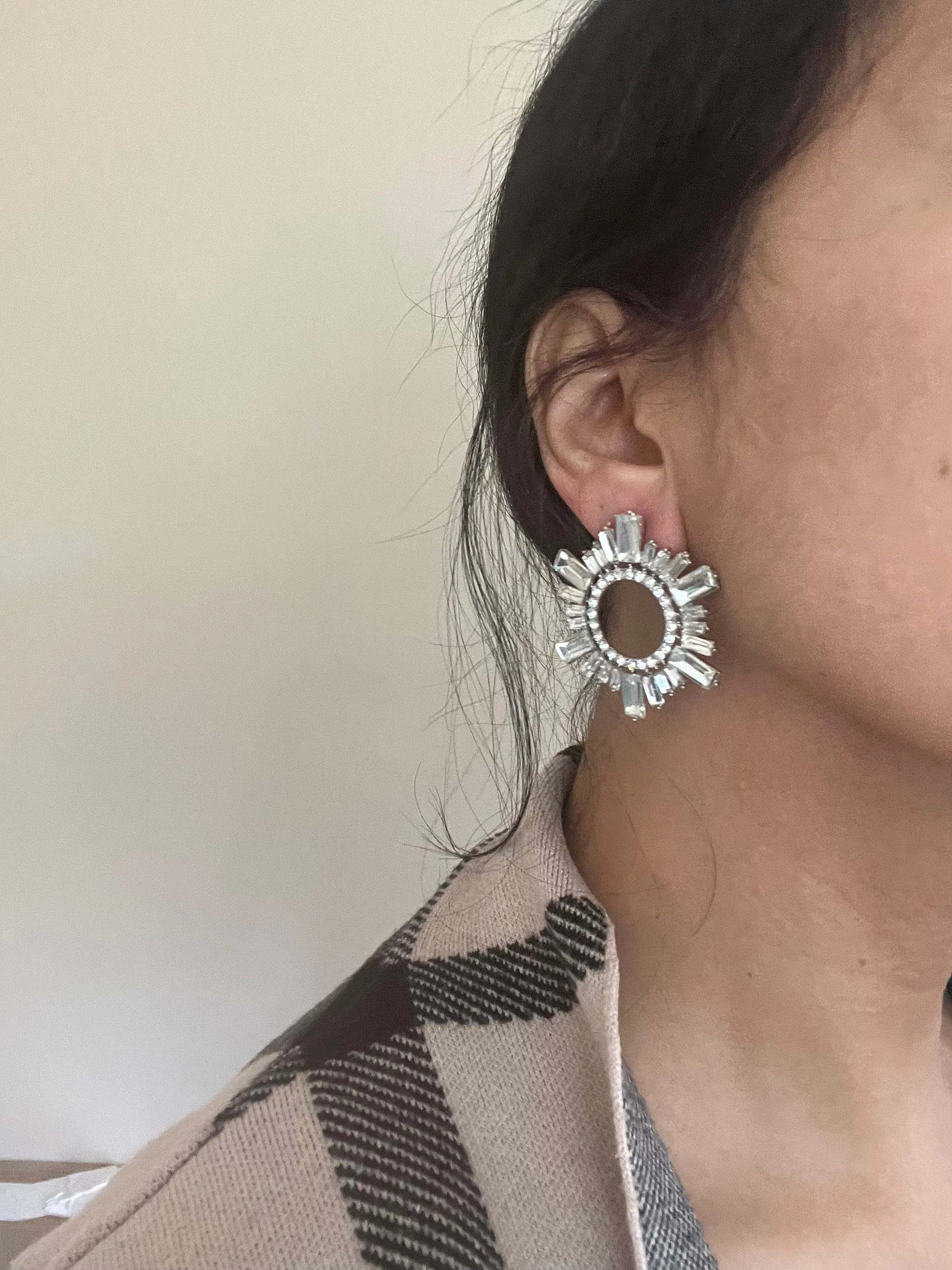 Large White earrings stud Sunburst crystal Rhinestone Round Crystal Pageant Clear silver white stud Earrings 1.75 inch big