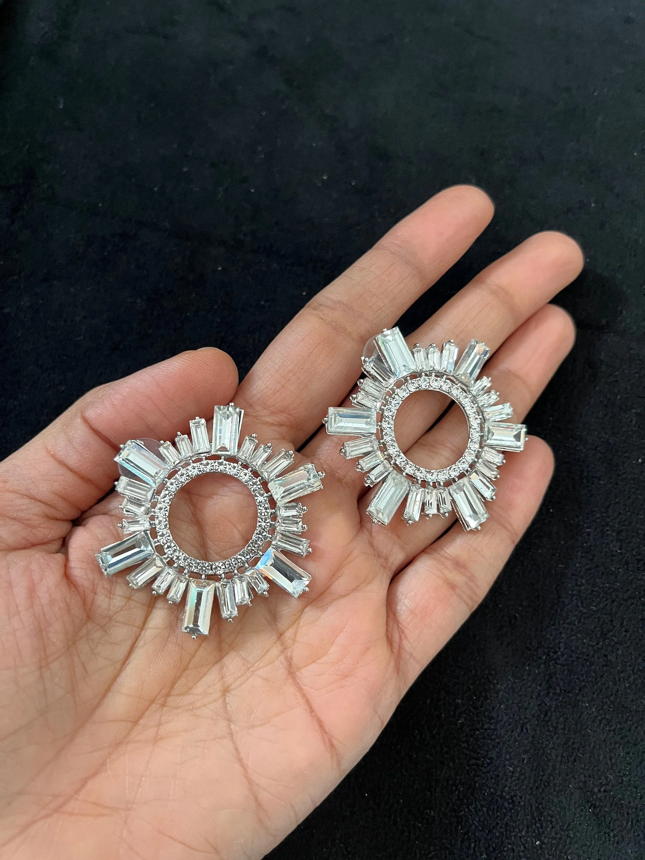 Large White earrings stud Sunburst crystal Rhinestone Round Crystal Pageant Clear silver white stud Earrings 1.75 inch big