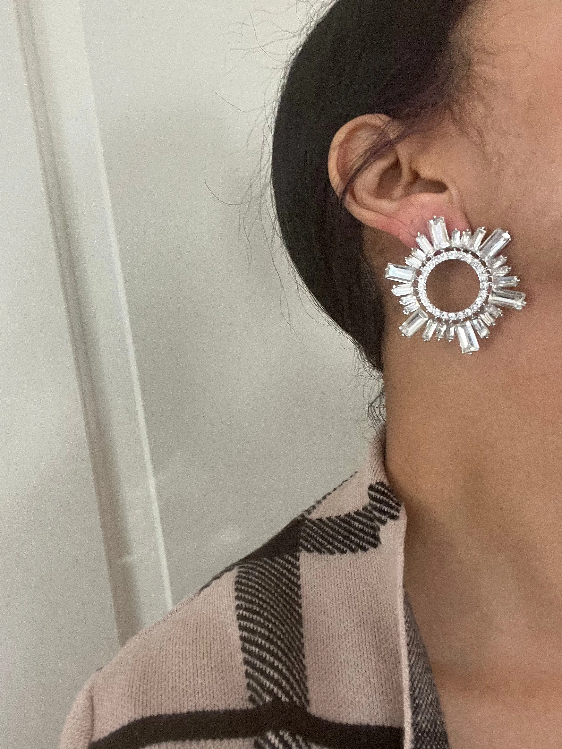 Large White earrings stud Sunburst crystal Rhinestone Round Crystal Pageant Clear silver white stud Earrings 1.75 inch big