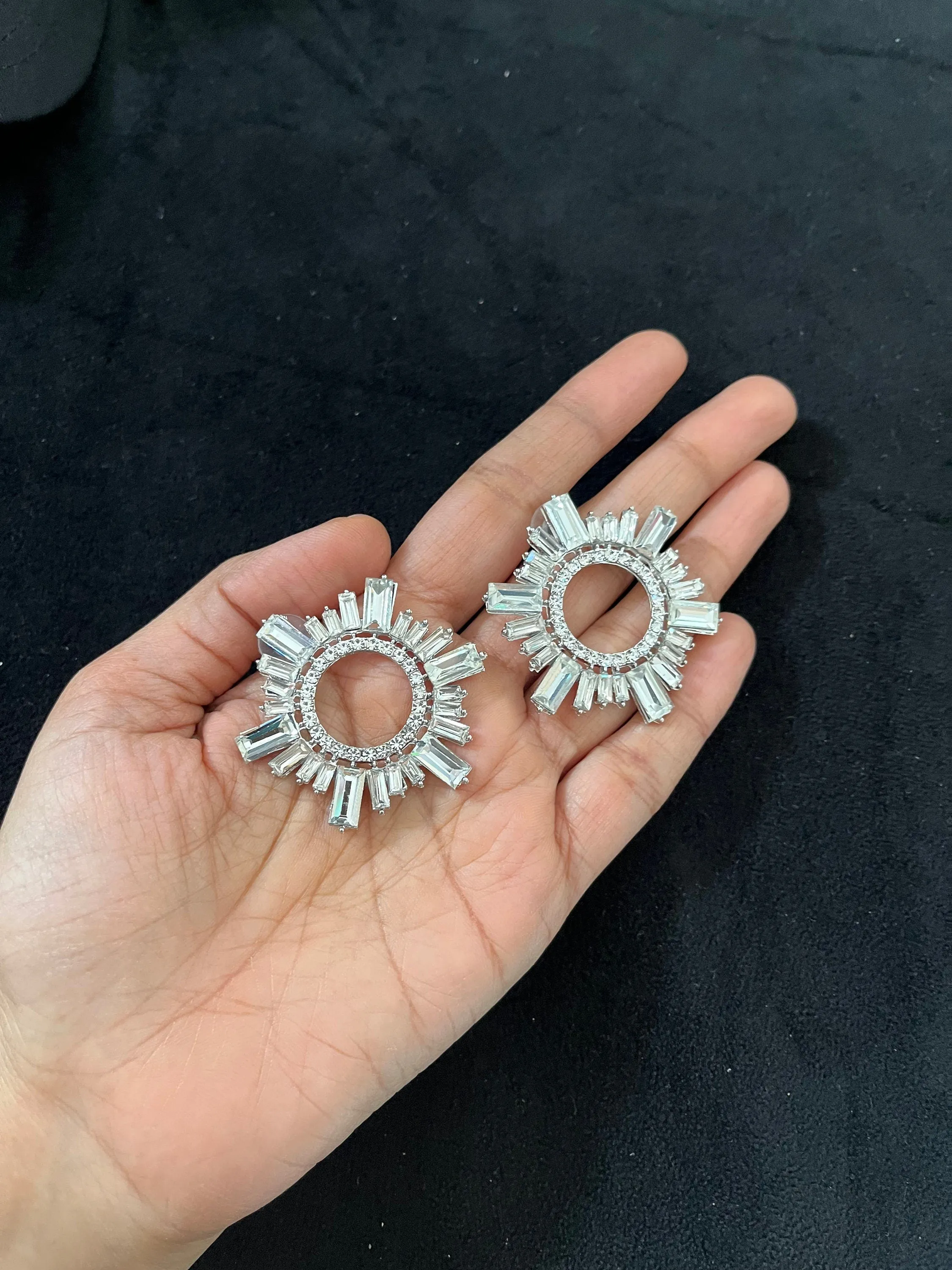 Large White earrings stud Sunburst crystal Rhinestone Round Crystal Pageant Clear silver white stud Earrings 1.75 inch big