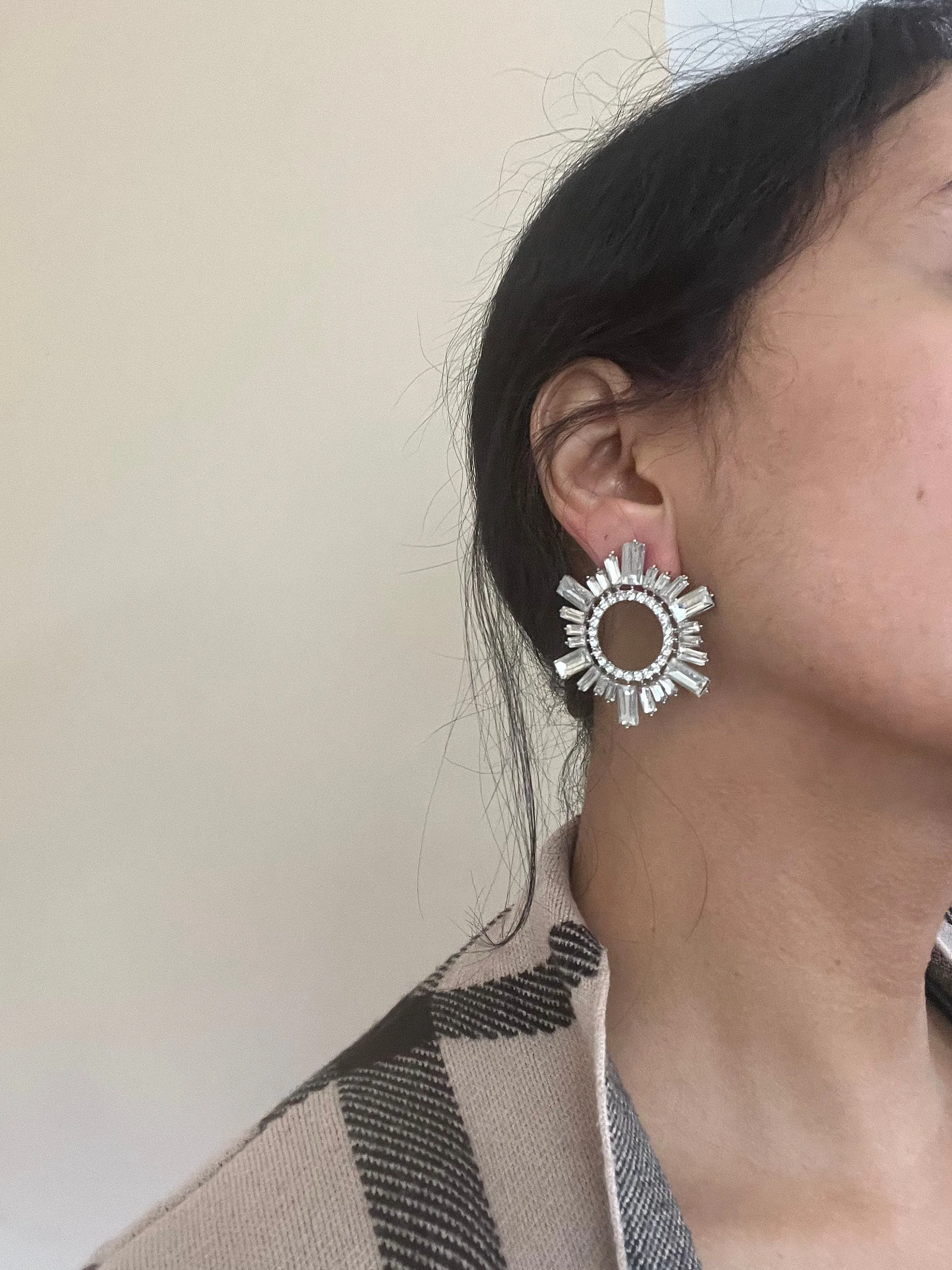 Large White earrings stud Sunburst crystal Rhinestone Round Crystal Pageant Clear silver white stud Earrings 1.75 inch big