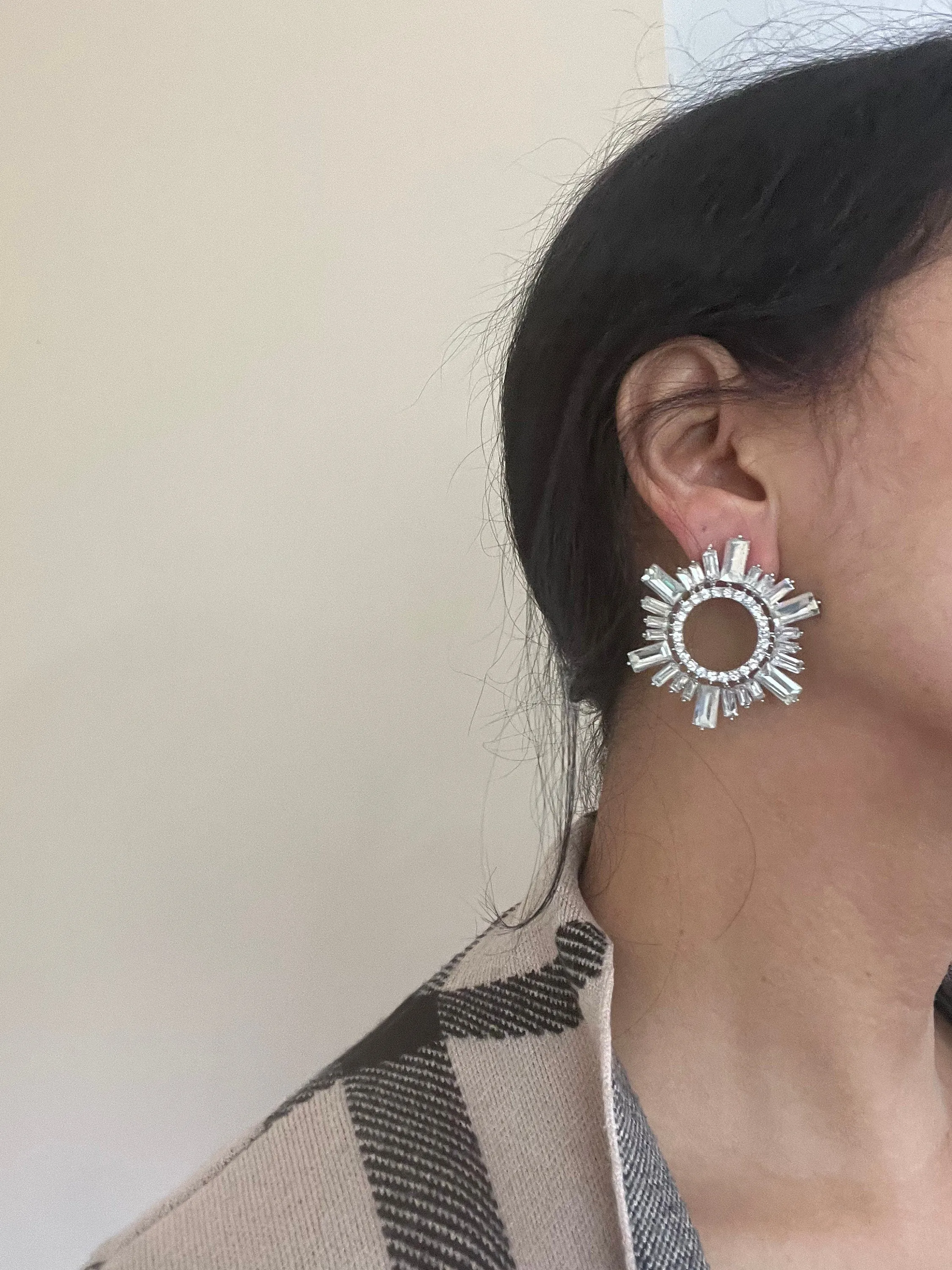 Large White earrings stud Sunburst crystal Rhinestone Round Crystal Pageant Clear silver white stud Earrings 1.75 inch big