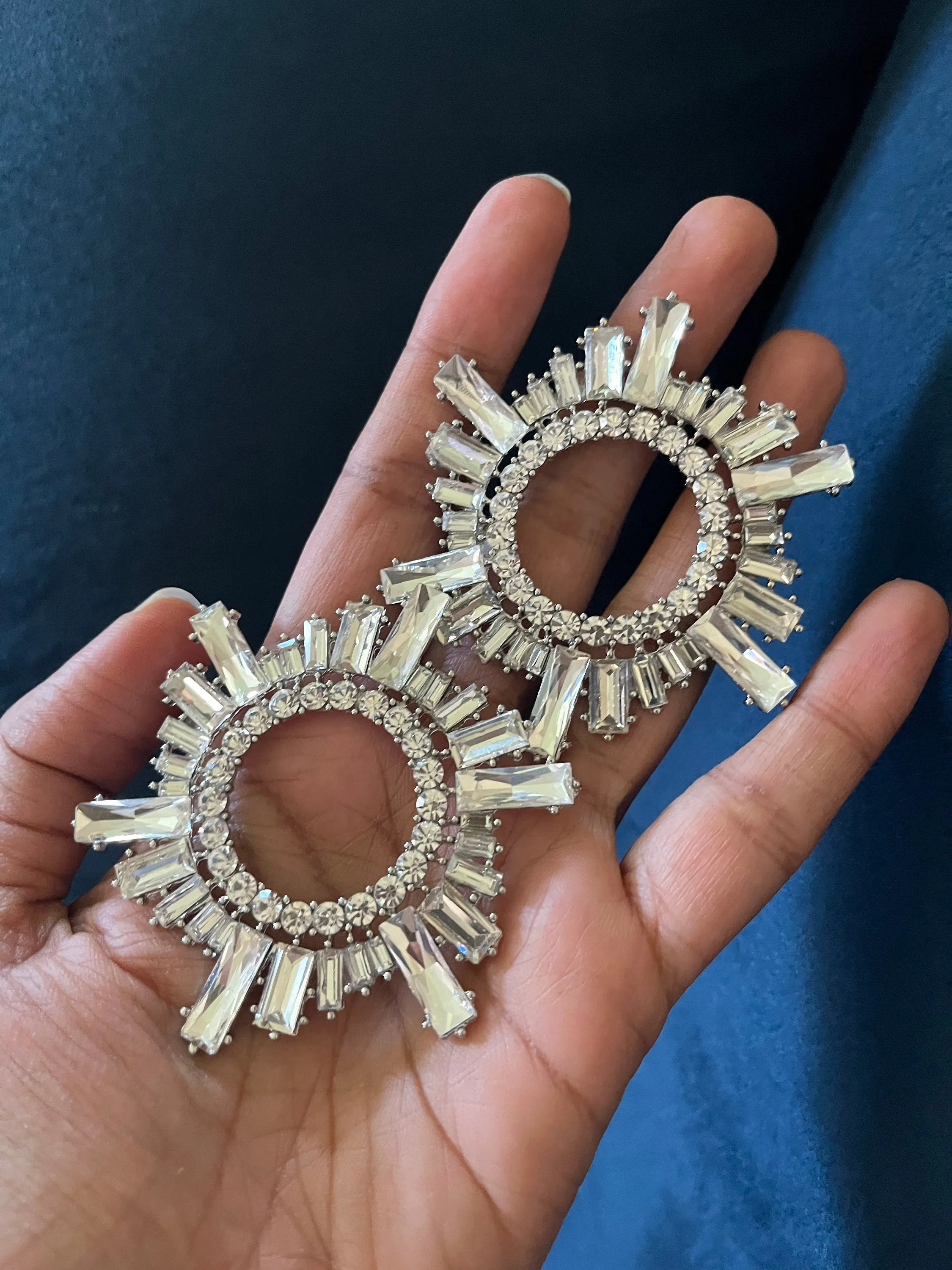 Large White earrings stud Sunburst crystal Rhinestone Round Crystal Pageant oversized Clear silver white stud Earrings big huge