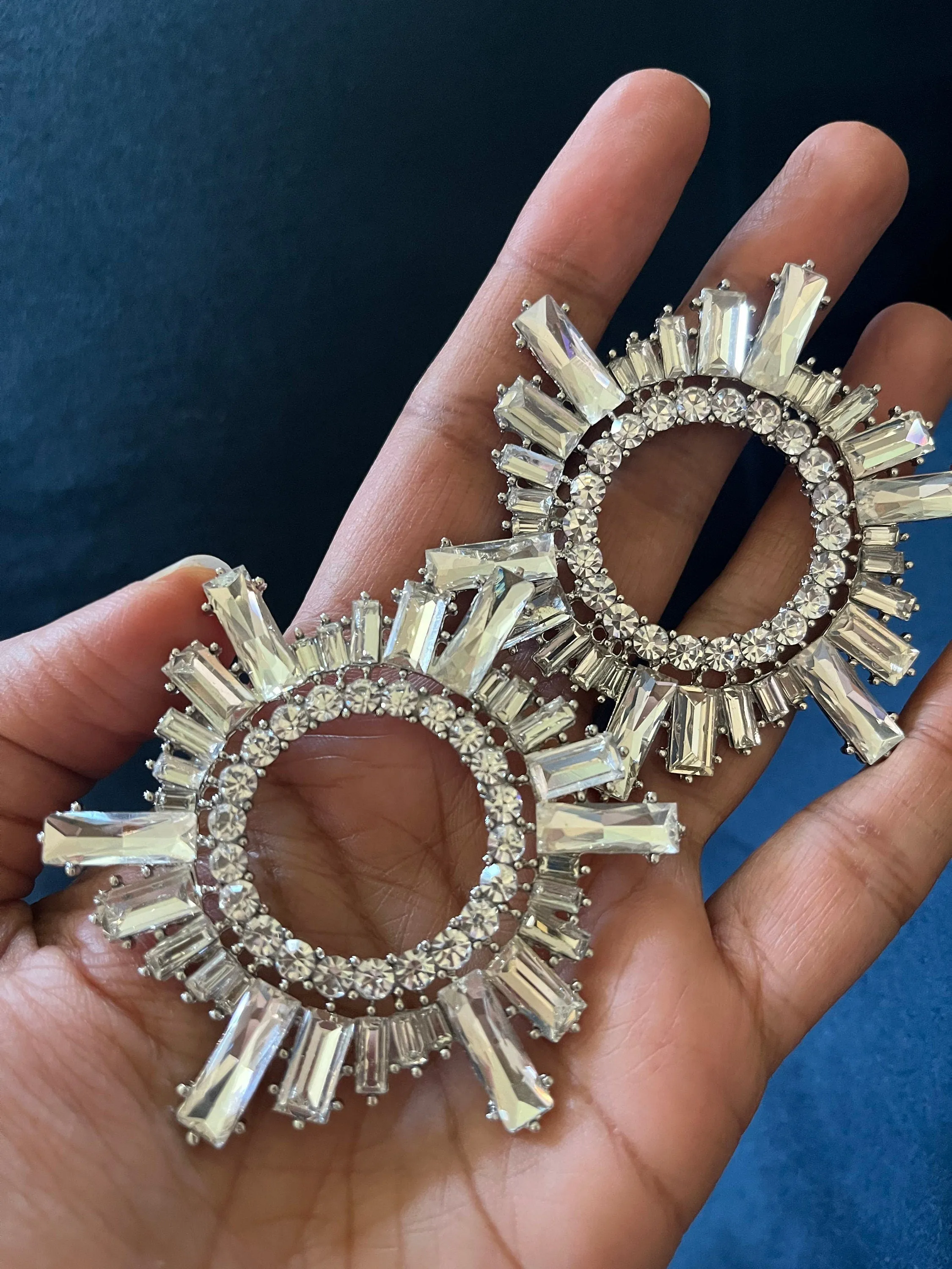 Large White earrings stud Sunburst crystal Rhinestone Round Crystal Pageant oversized Clear silver white stud Earrings big huge