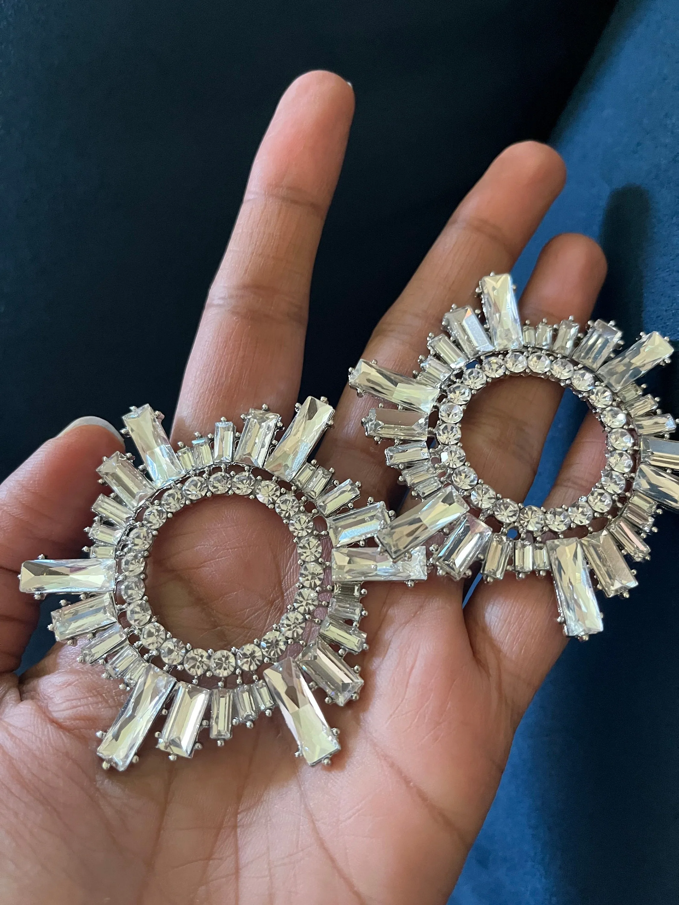 Large White earrings stud Sunburst crystal Rhinestone Round Crystal Pageant oversized Clear silver white stud Earrings big huge