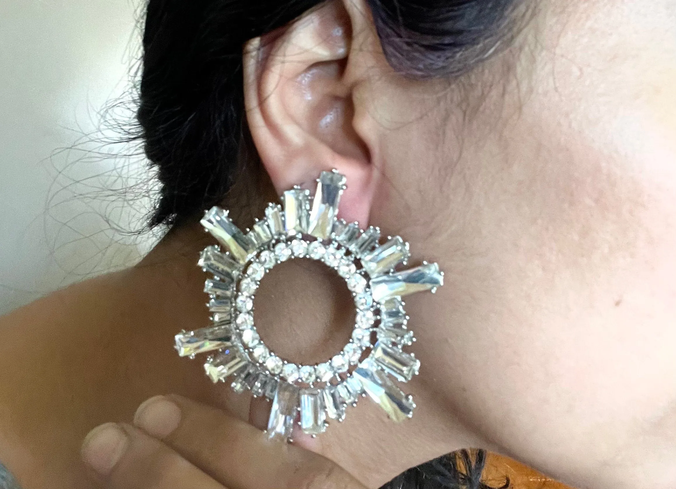 Large White earrings stud Sunburst crystal Rhinestone Round Crystal Pageant oversized Clear silver white stud Earrings big huge