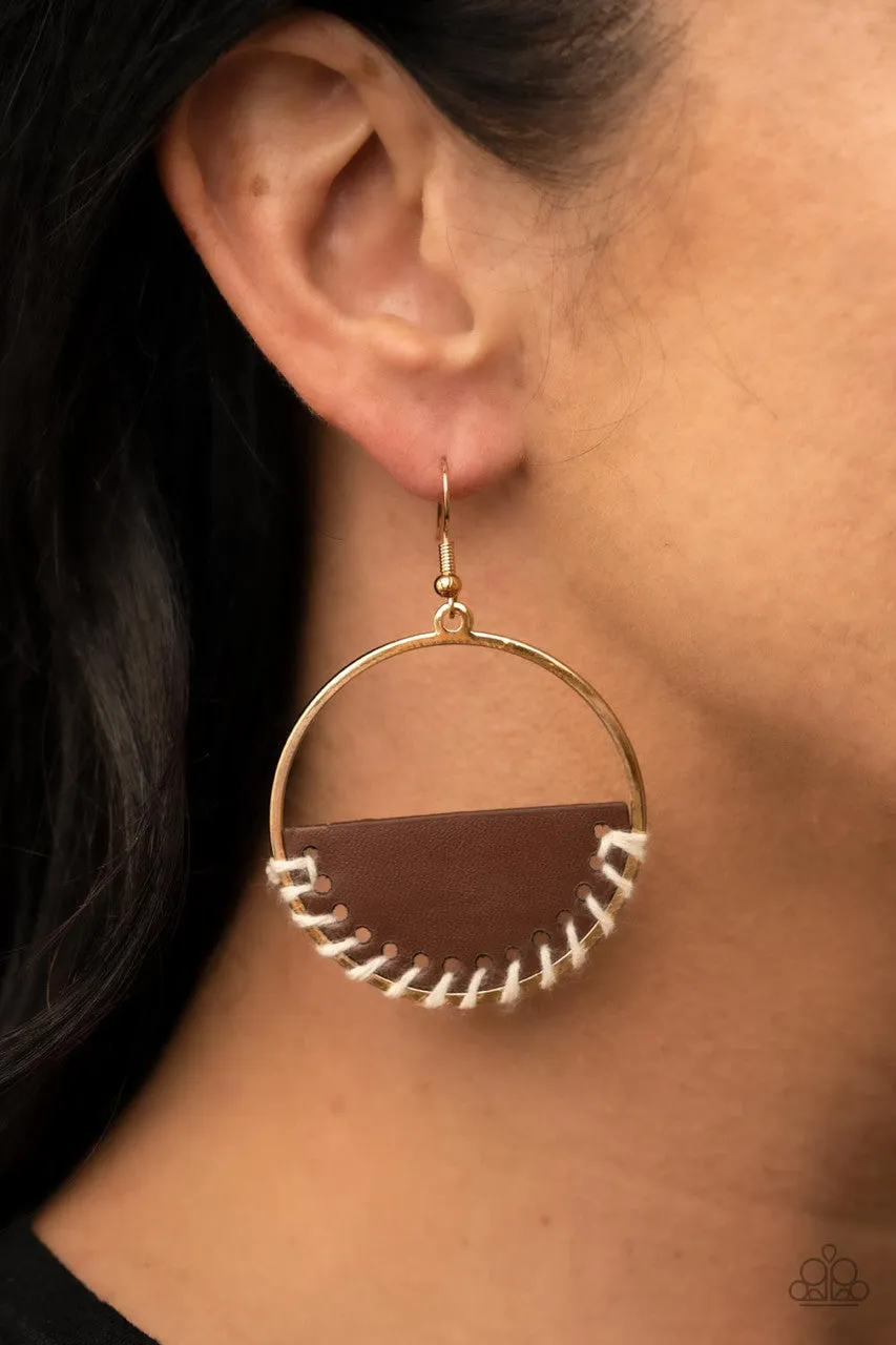 Lavishly Laid Back - Brown - Leather Half Moon with White Stitching Gold Hoop Paparazzi Fishhook Earrings